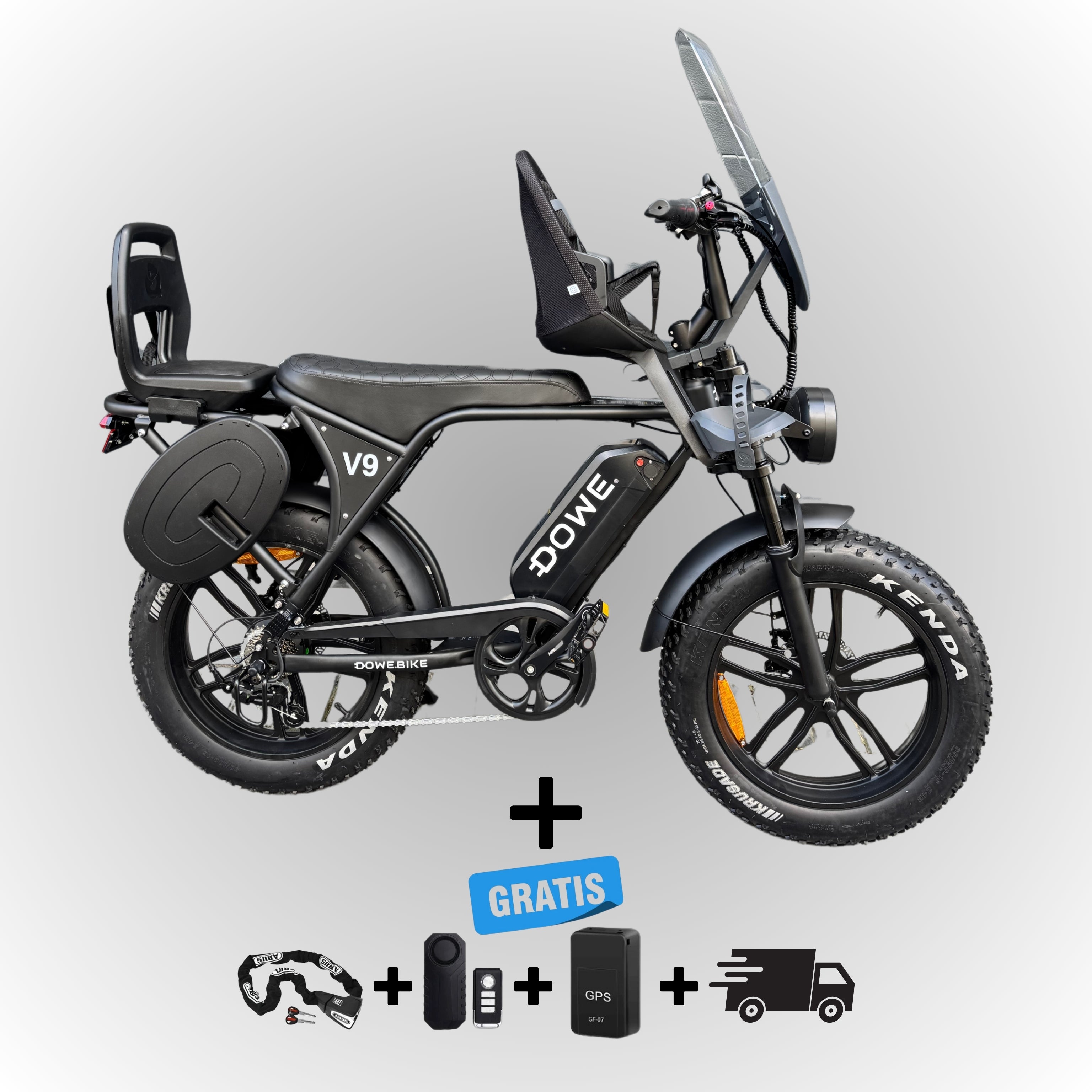 Dowe V9 Elektrische Fatbike met Kinderzitjes - Zwart | Maximaal Uitgerust + Gratis Extra's!