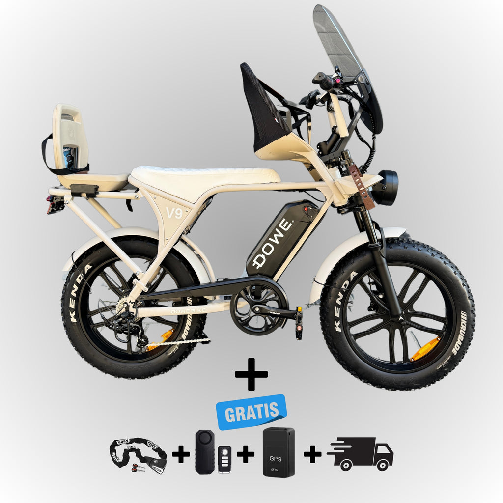 Dowe V9 Elektrische Fatbike met Kinderzitjes - Zand | Maximaal Uitgerust + Gratis Extra's!