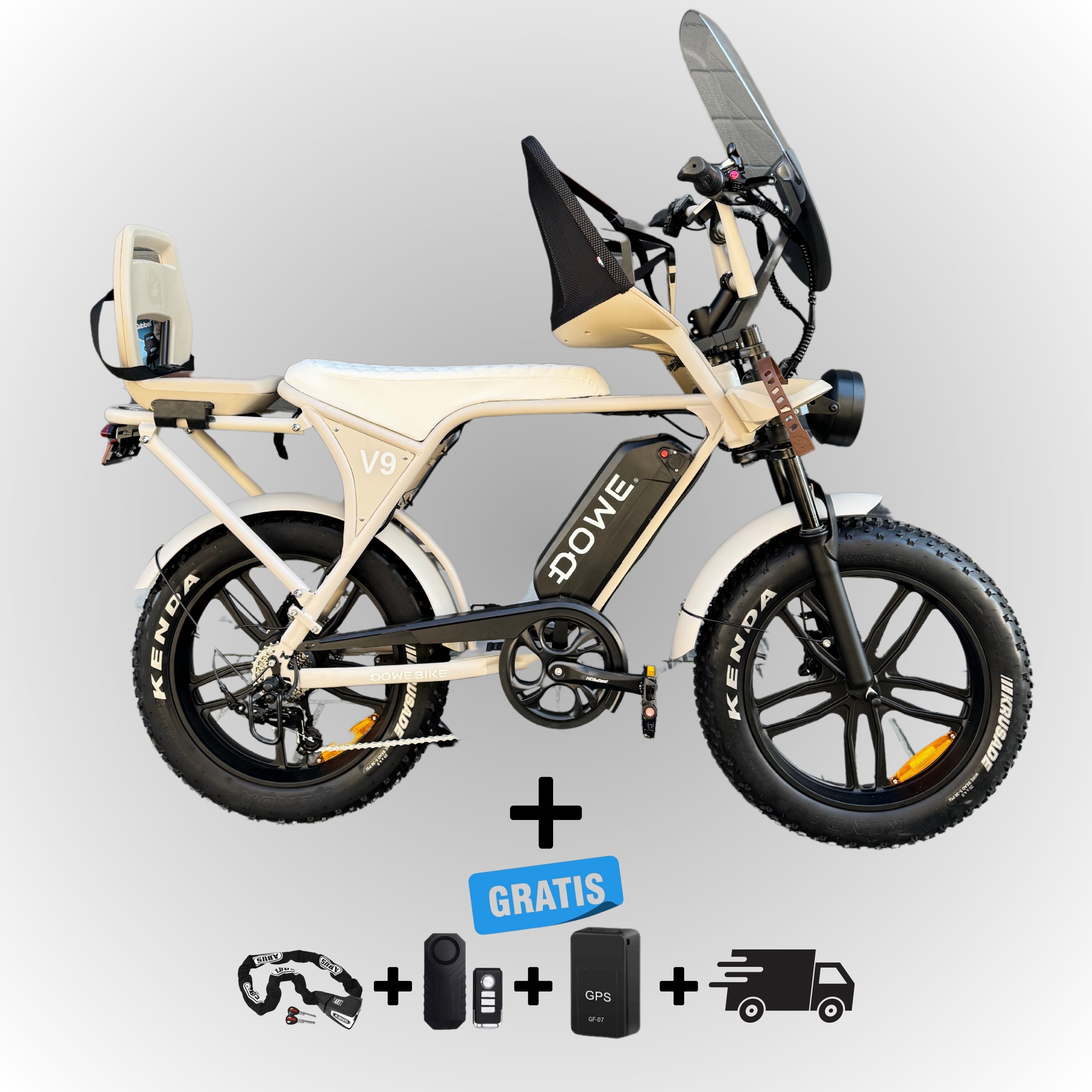 Dowe V9 Elektrische Fatbike met Kinderzitjes - Zand | Maximaal Uitgerust + Gratis Extra's!