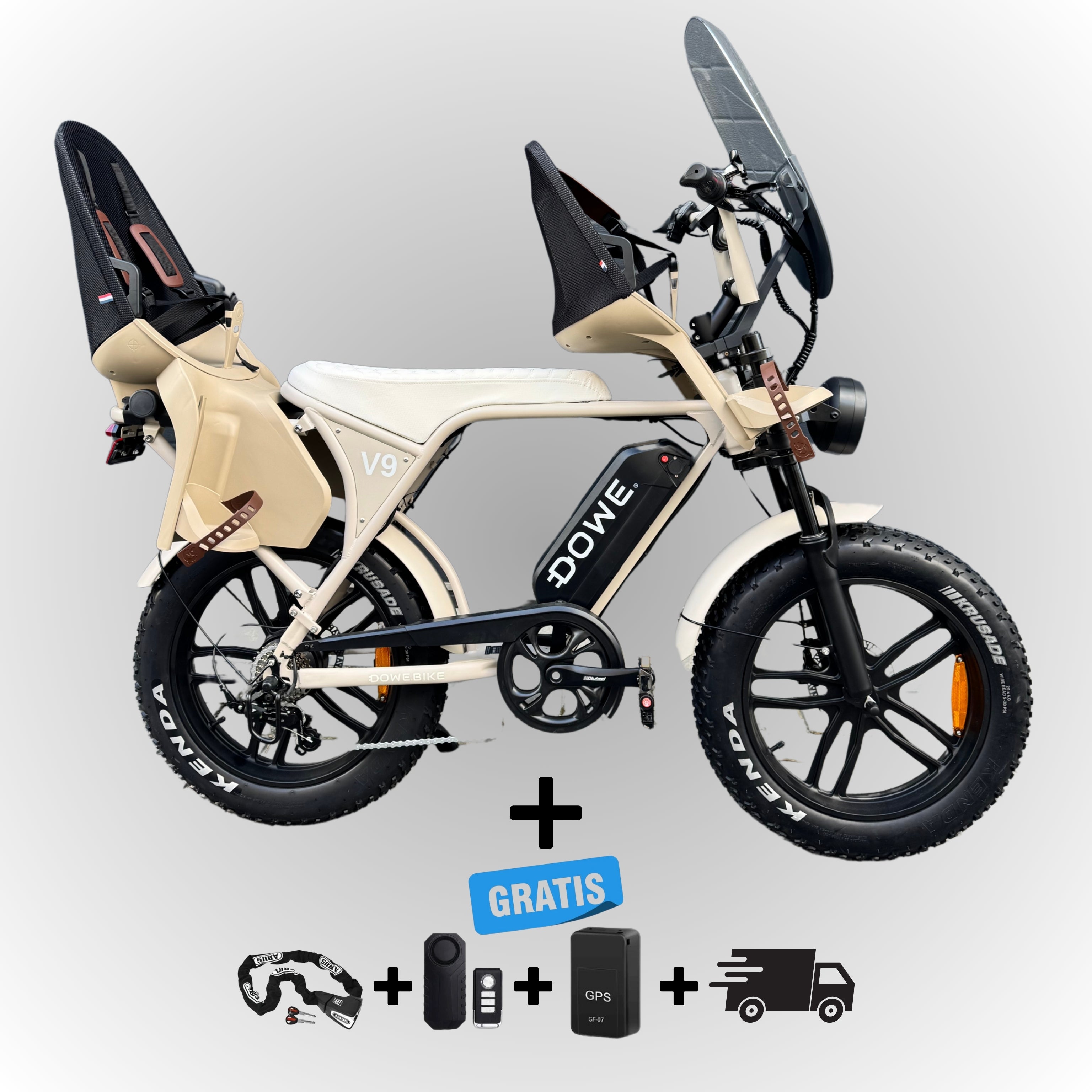 Dowe V9 Elektrische Fatbike met Kinderzitjes - Zand | Family Fatbike