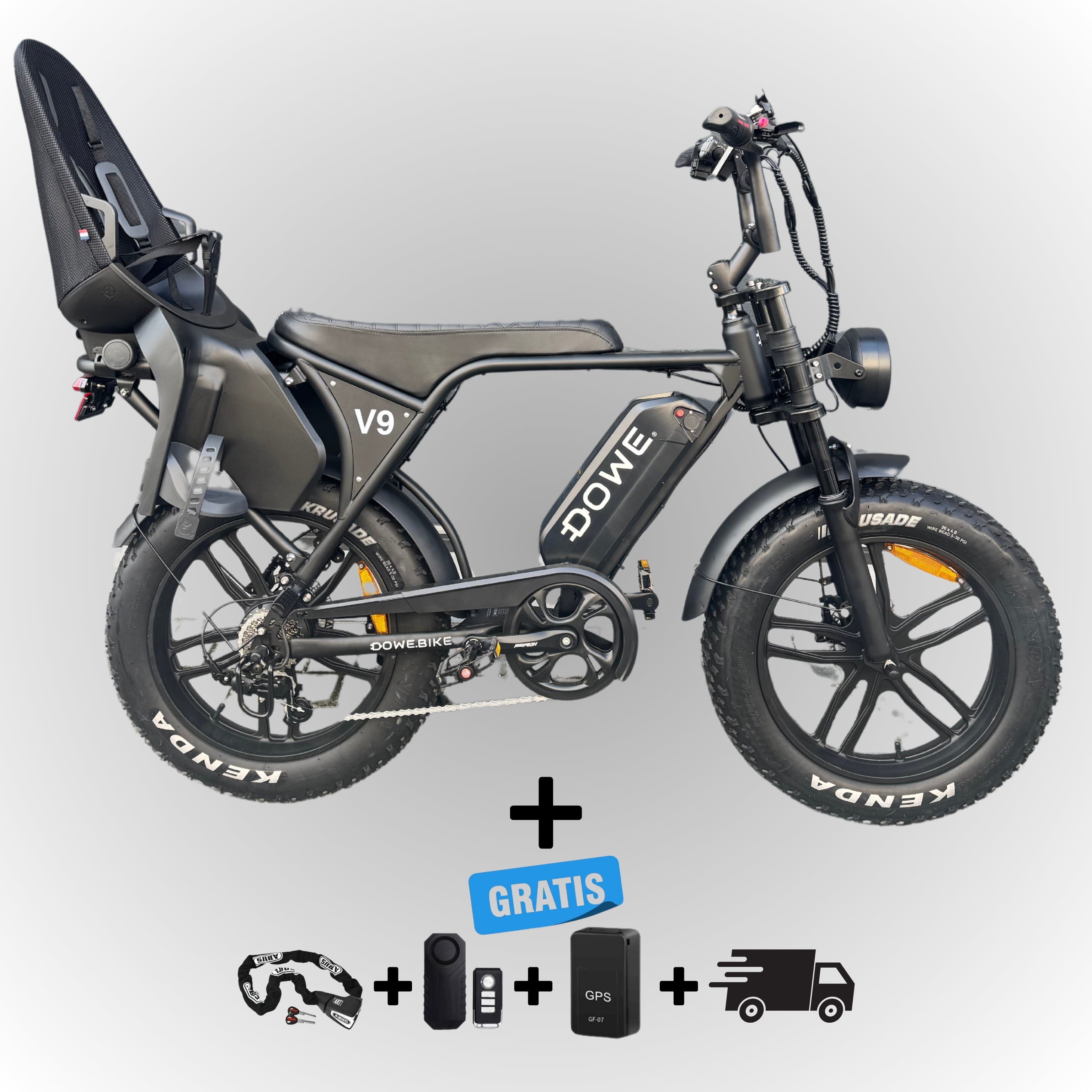 Dowe V9 Elektrische Fatbike met Kinderzitje Achter - Zwart | Family Fatbike