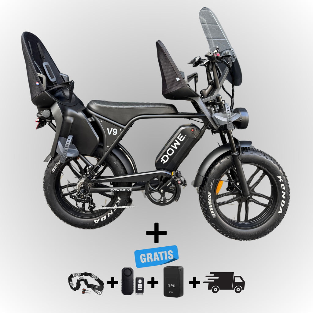 Dowe V9 Elektrische Fatbike met Kinderzitjes - Zwart | Family Fatbike