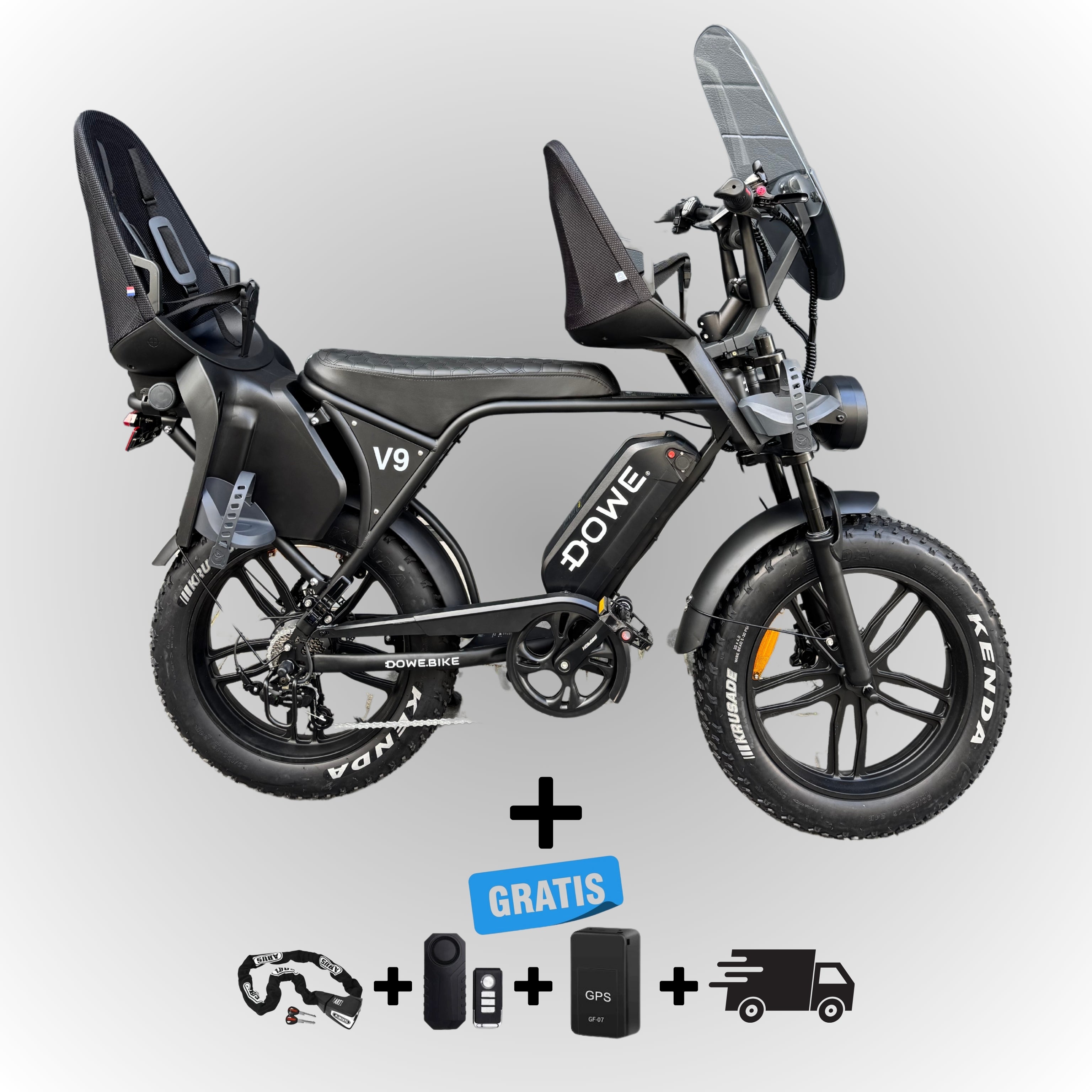 Dowe V9 Elektrische Fatbike met Kinderzitjes - Zwart | Family Fatbike