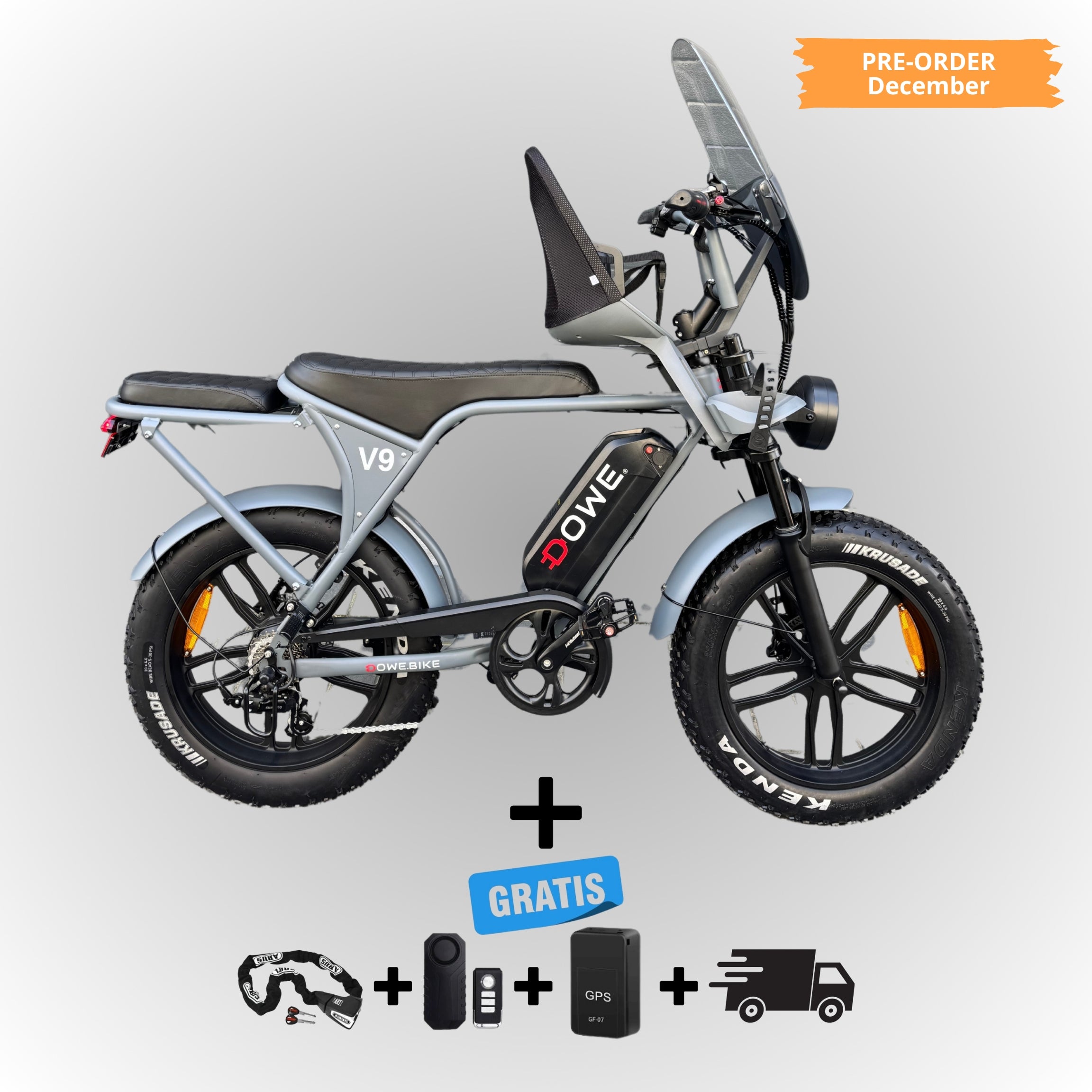 Dowe V9 Elektrische Fatbike met Kinderzitje Voor - Grijs | Family Fatbike