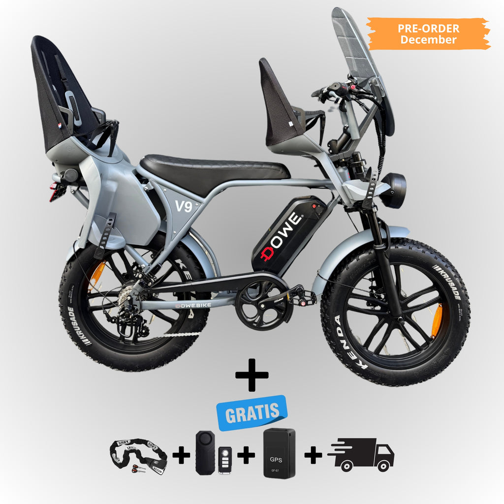 Dowe V9 Elektrische Fatbike met Kinderzitjes - Grijs | Family Fatbike