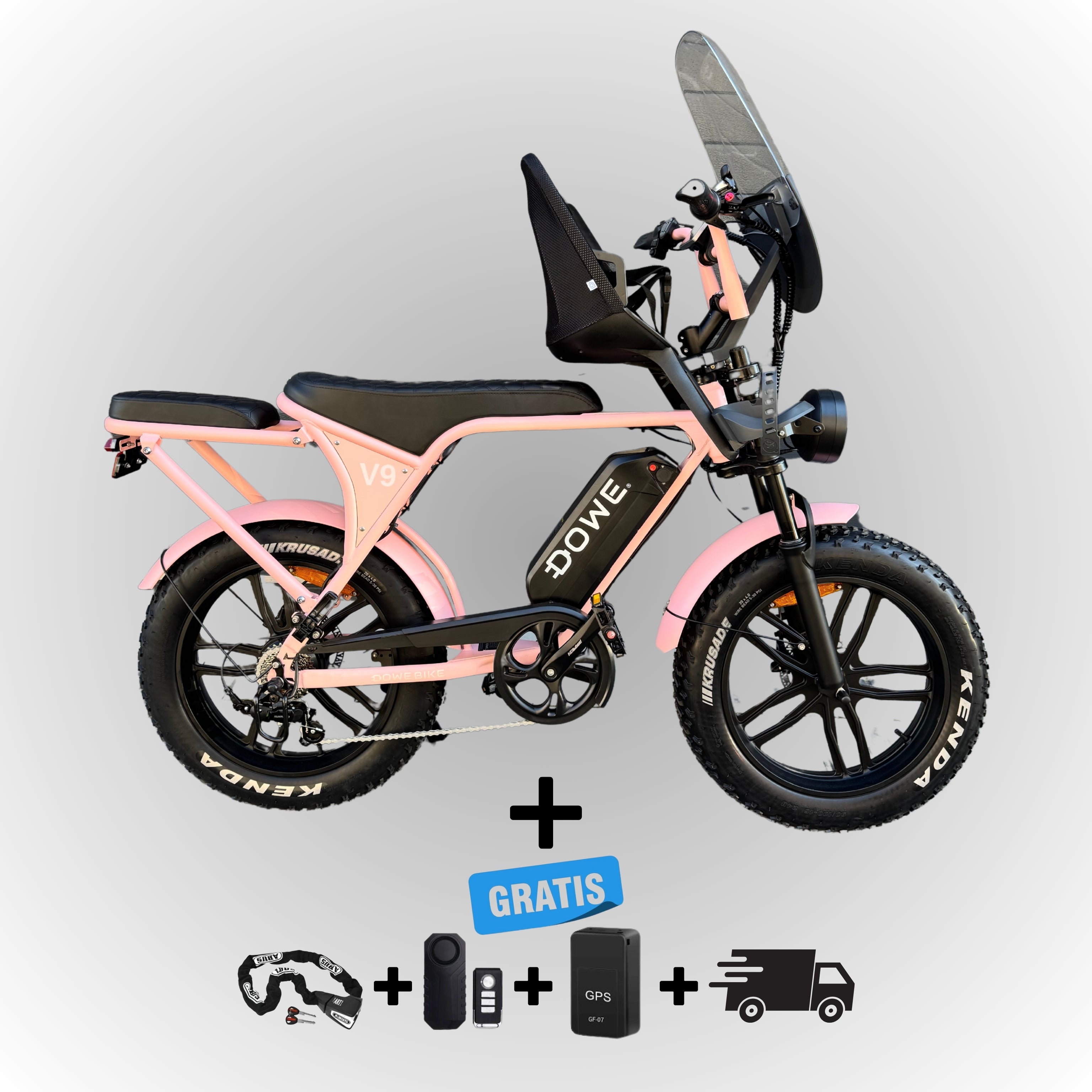 Dowe V9 Elektrische Fatbike met Kinderzitje Voor - Roze | Family Fatbike