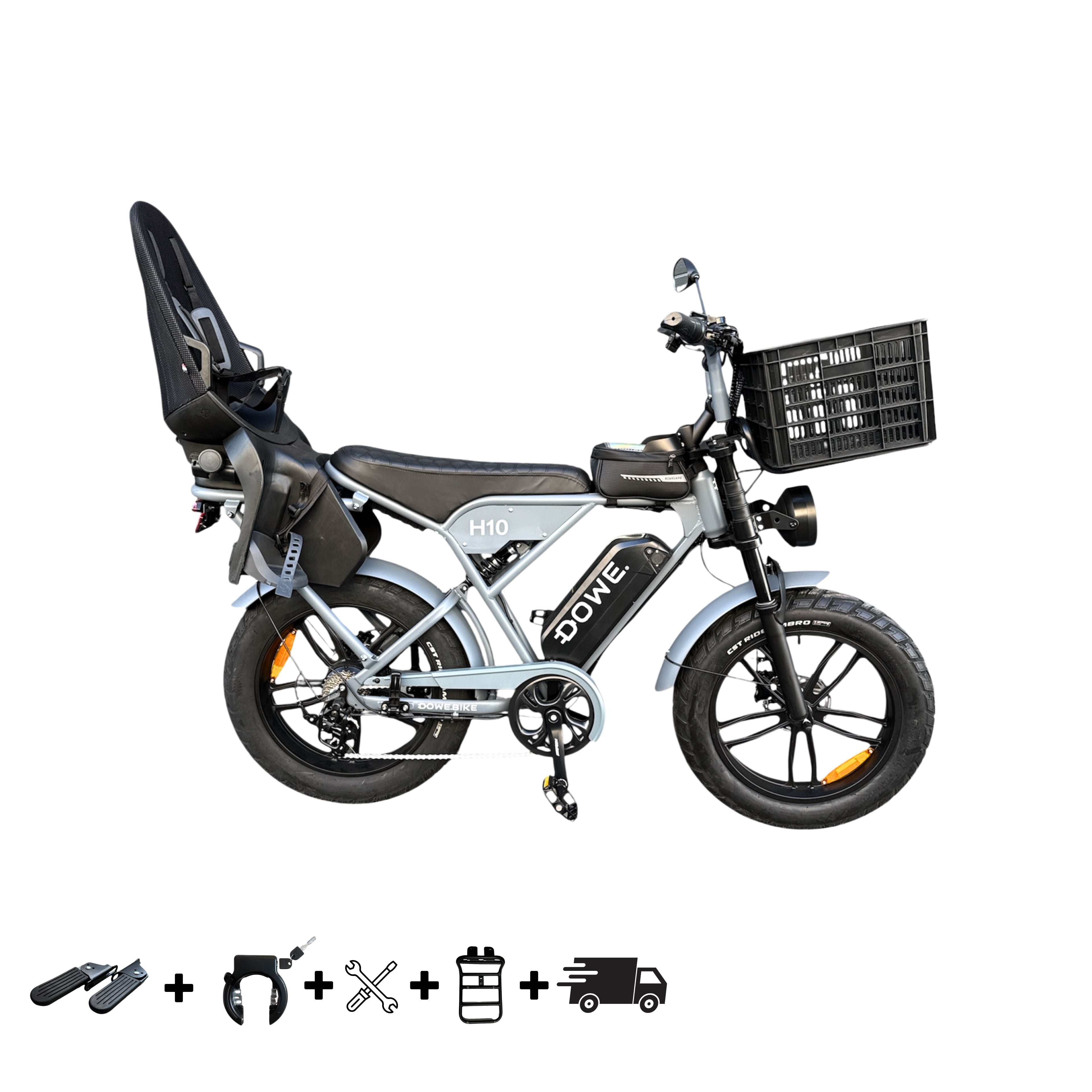 Elektrische Fatbike 250W met Kinderzitje + Krat – Dowe H10 Nardo Grijs