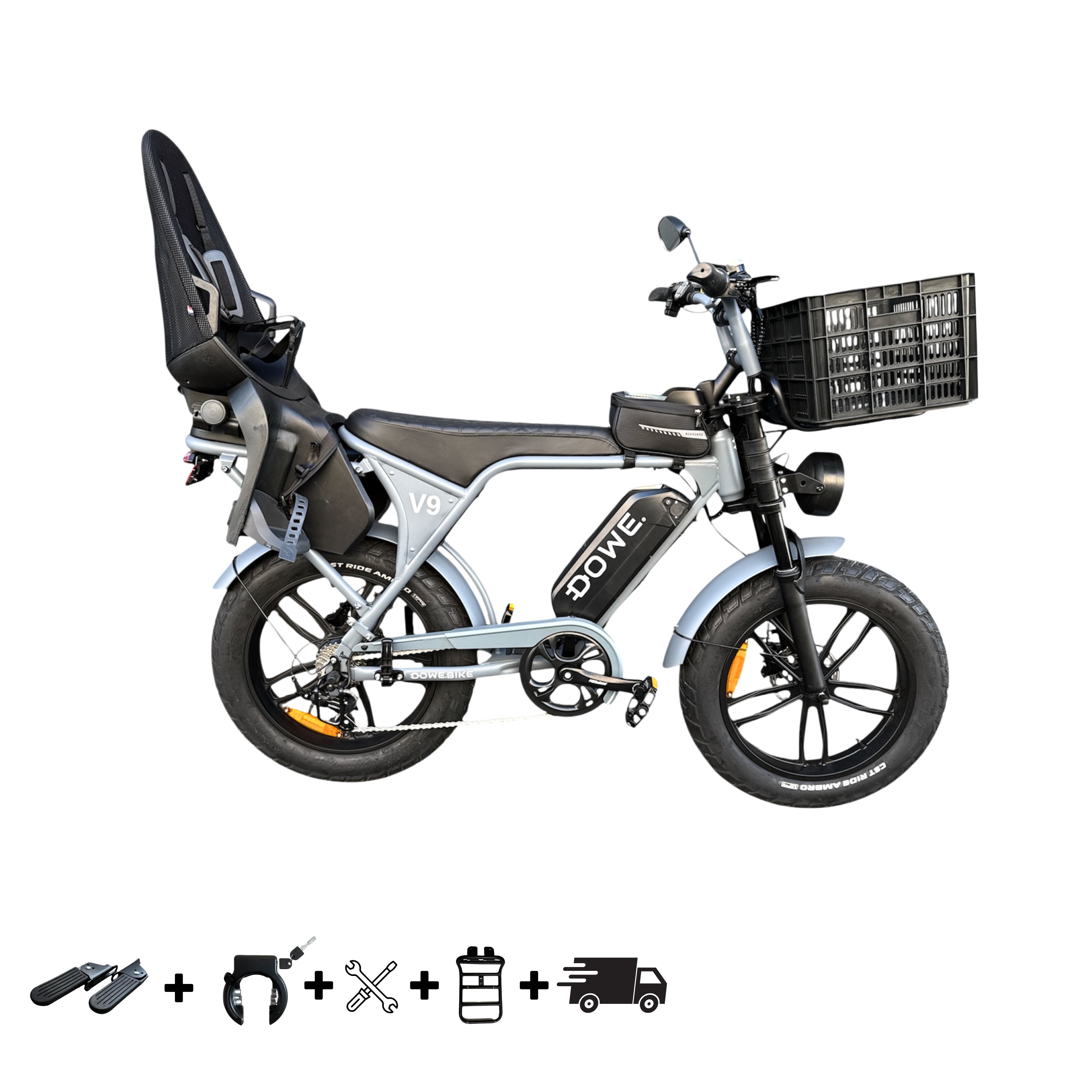 Elektrische Fatbike 250W met Kinderzitje + Krat – Dowe V9 Nardo Grijs