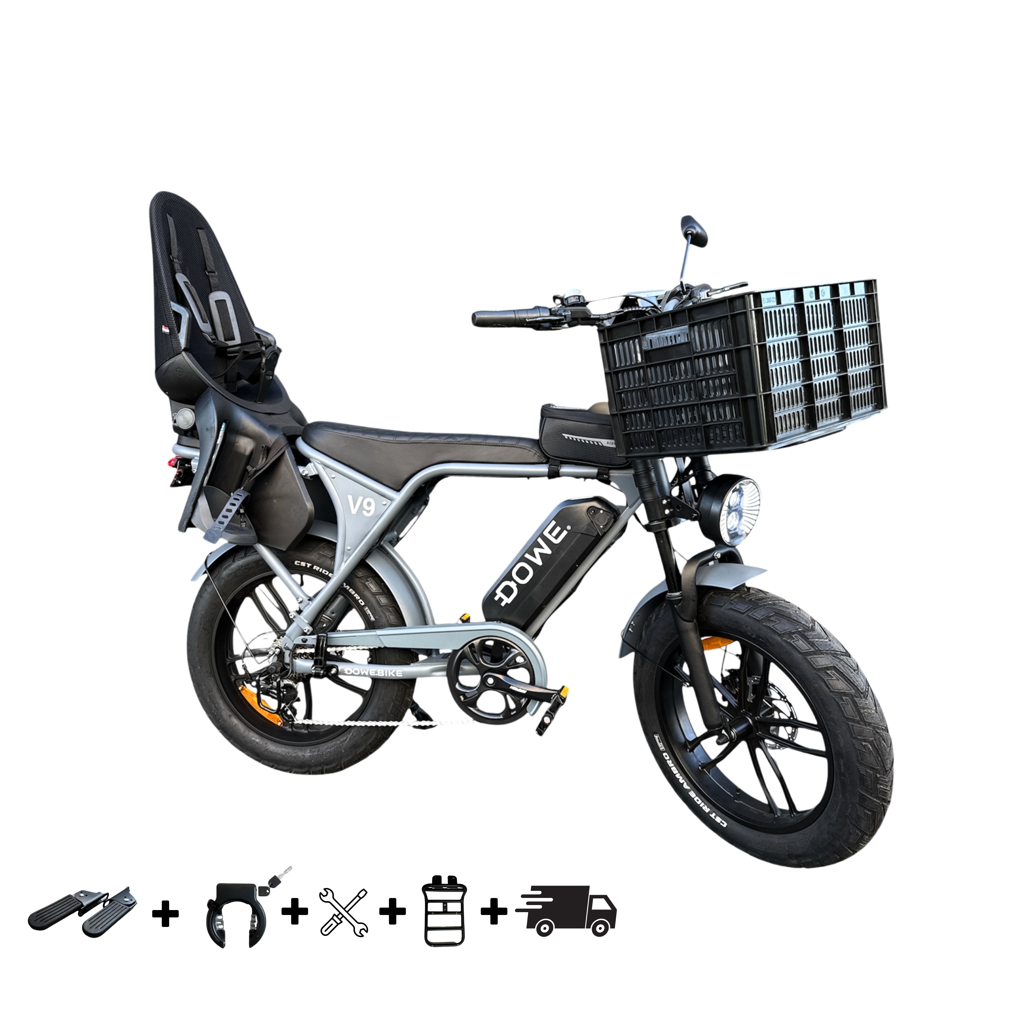Elektrische Fatbike 250W met Kinderzitje + Krat – Dowe V9 Nardo Grijs