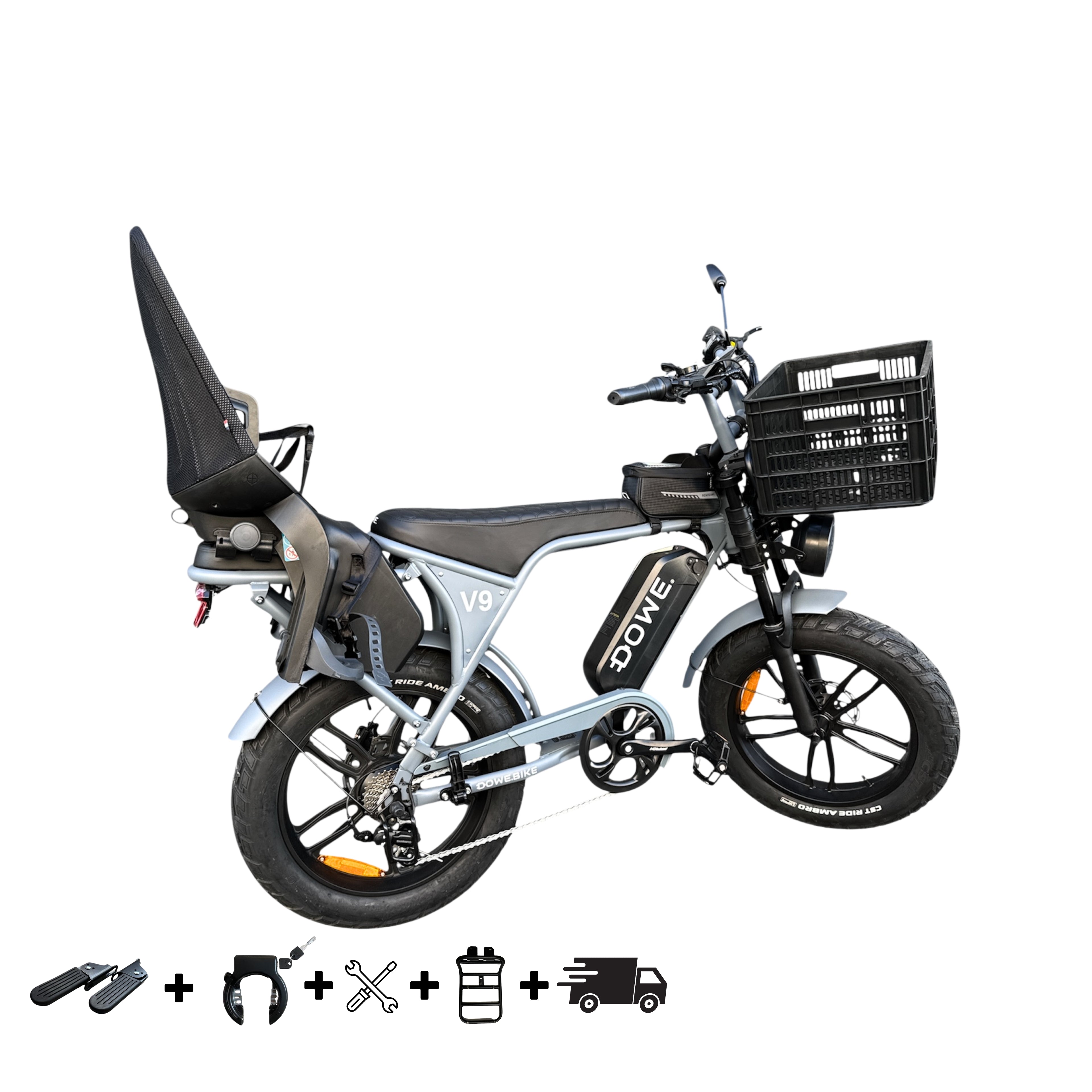 Elektrische Fatbike 250W met Kinderzitje + Krat – Dowe V9 Nardo Grijs