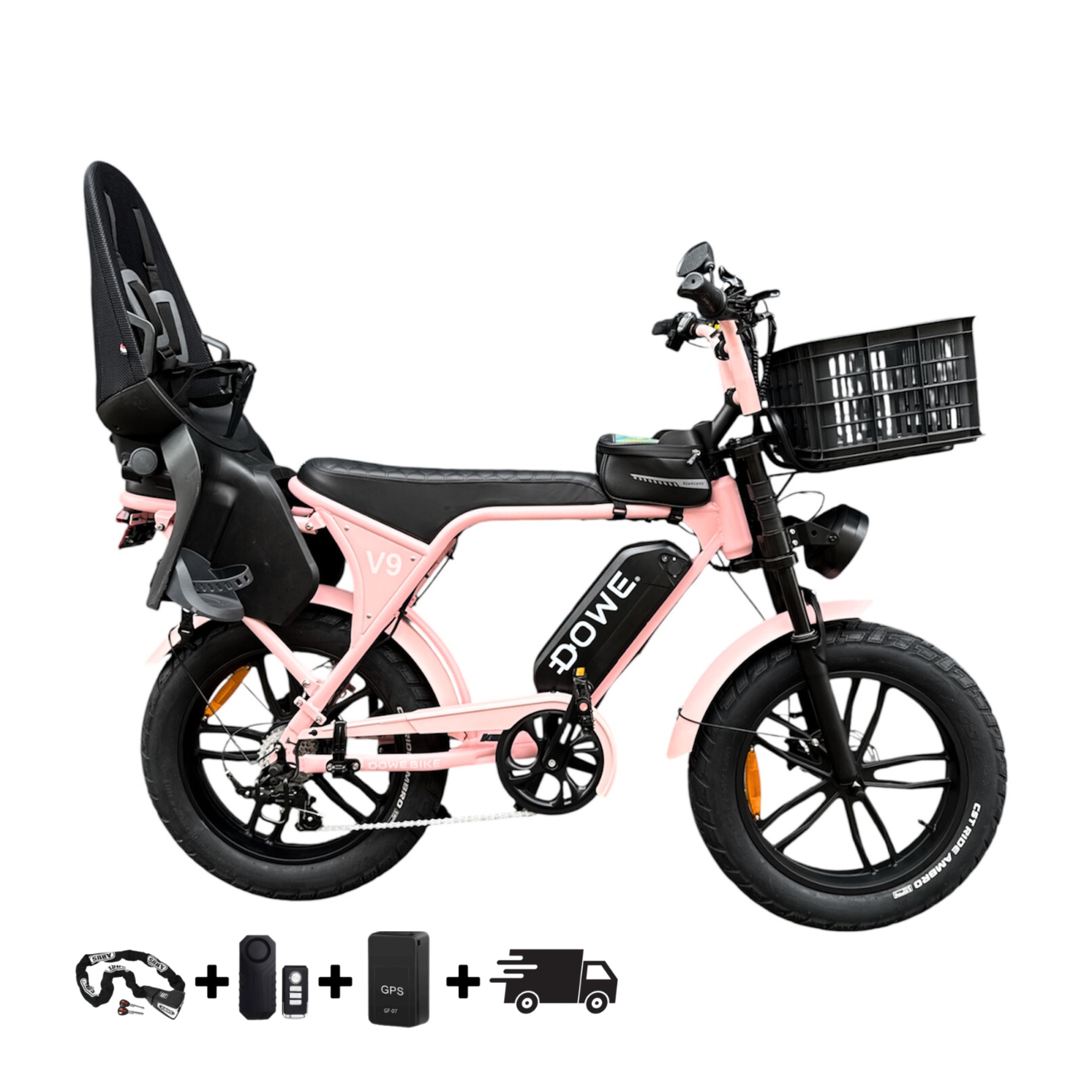 Elektrische Fatbike 250W met Kinderzitje + Krat – Dowe V9 Roze