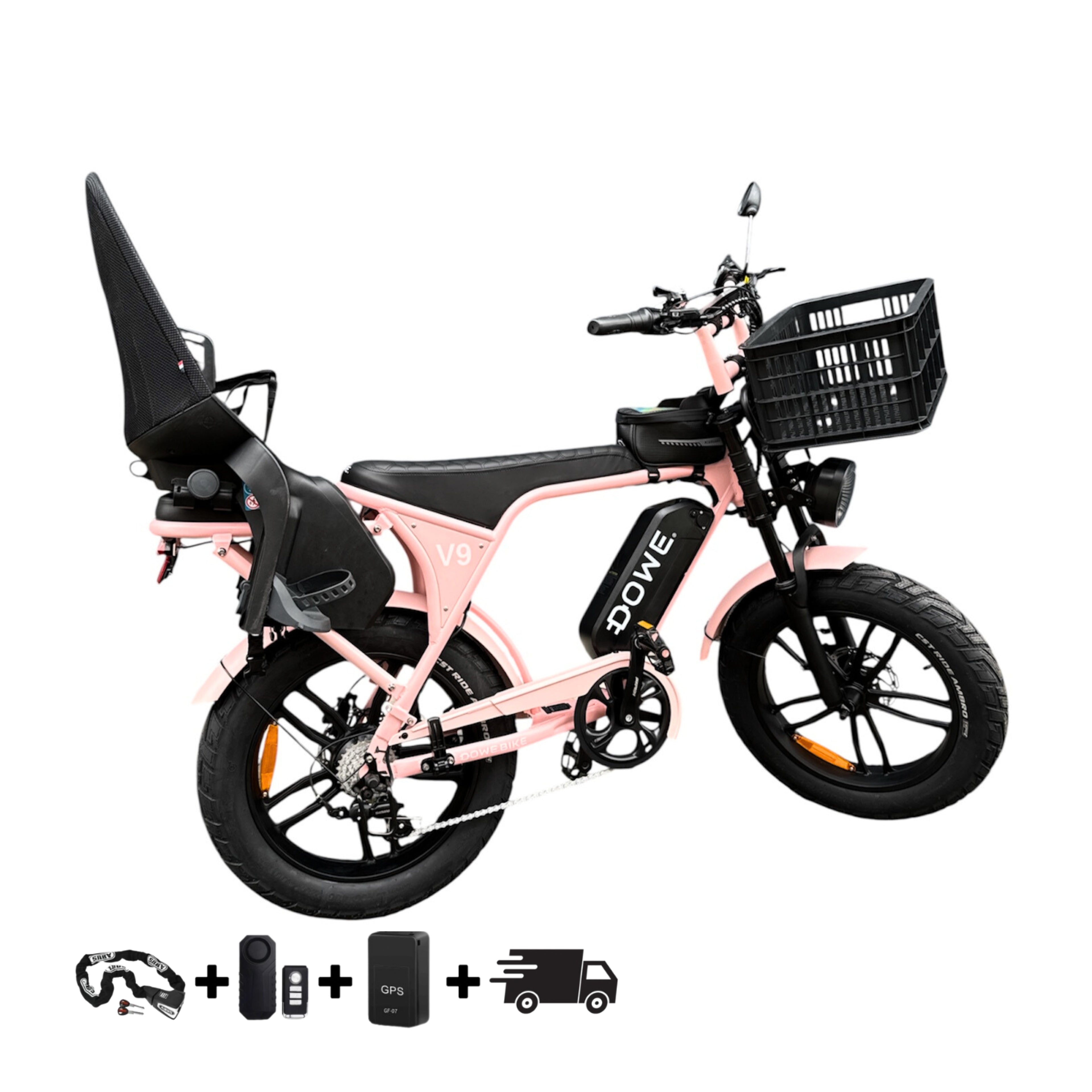 Elektrische Fatbike 250W met Kinderzitje + Krat – Dowe V9 Roze