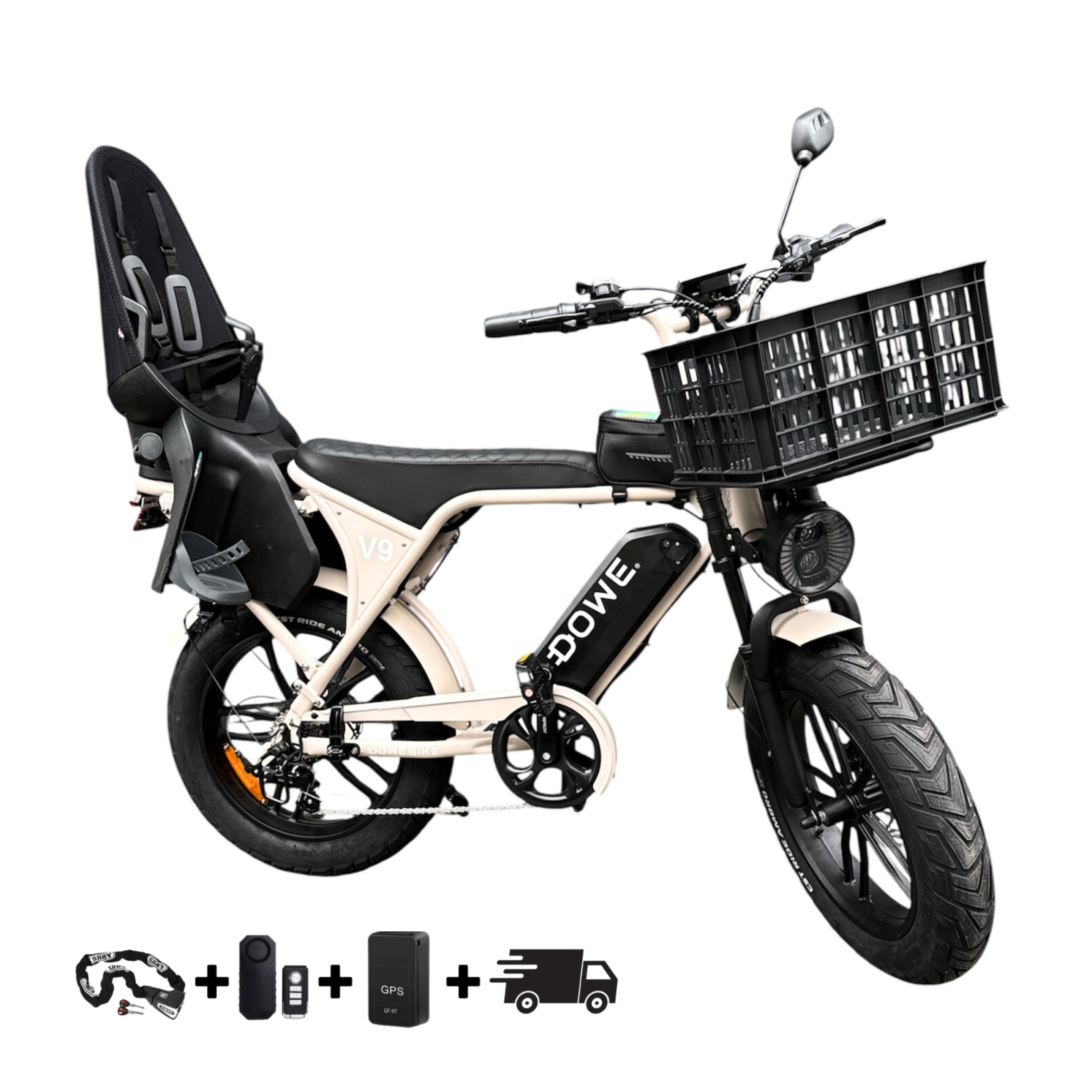 Elektrische Fatbike 250W met Kinderzitje + Krat – Dowe V9 Beige