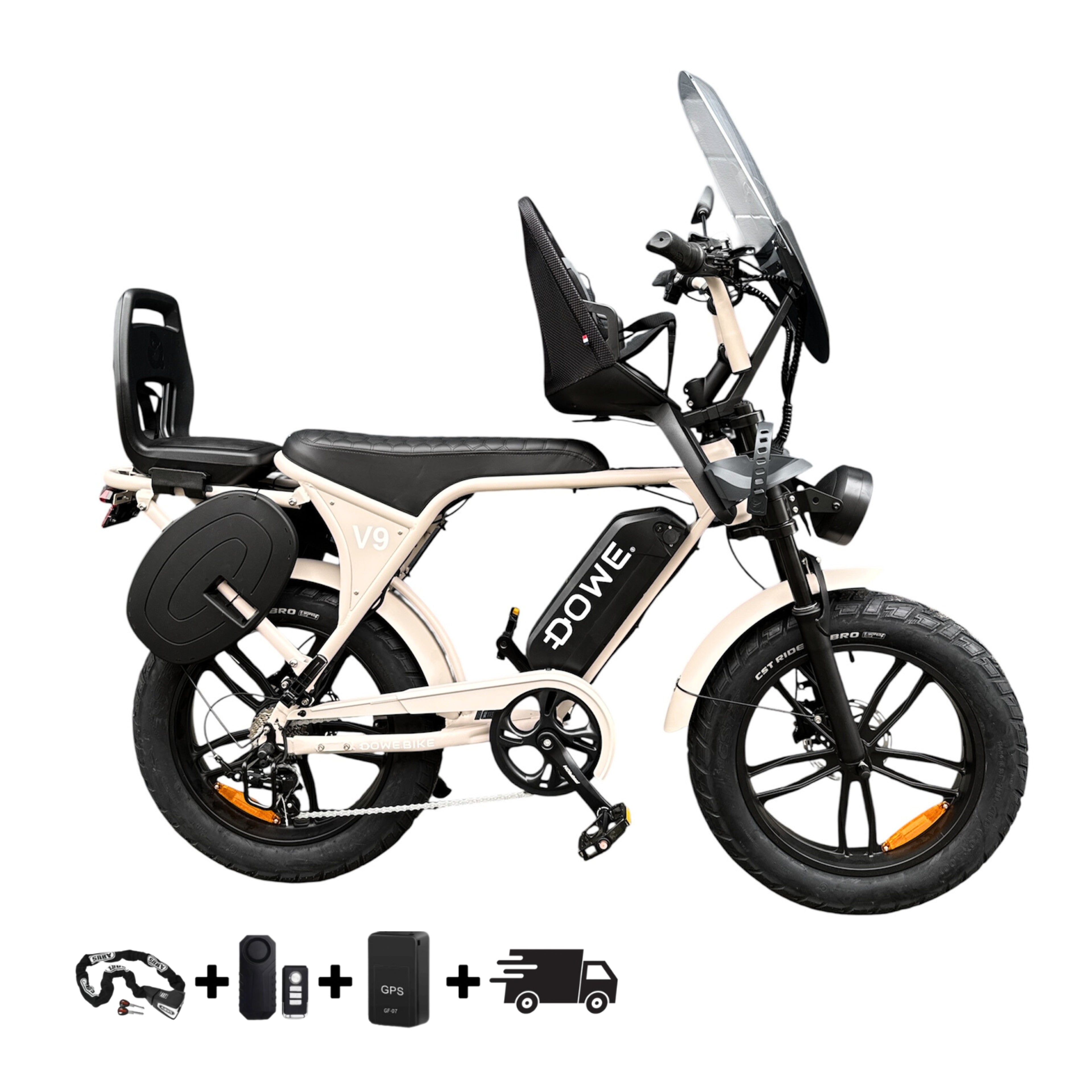 Dowe V9 Elektrische Fatbike met Kinderzitjes - Zand 