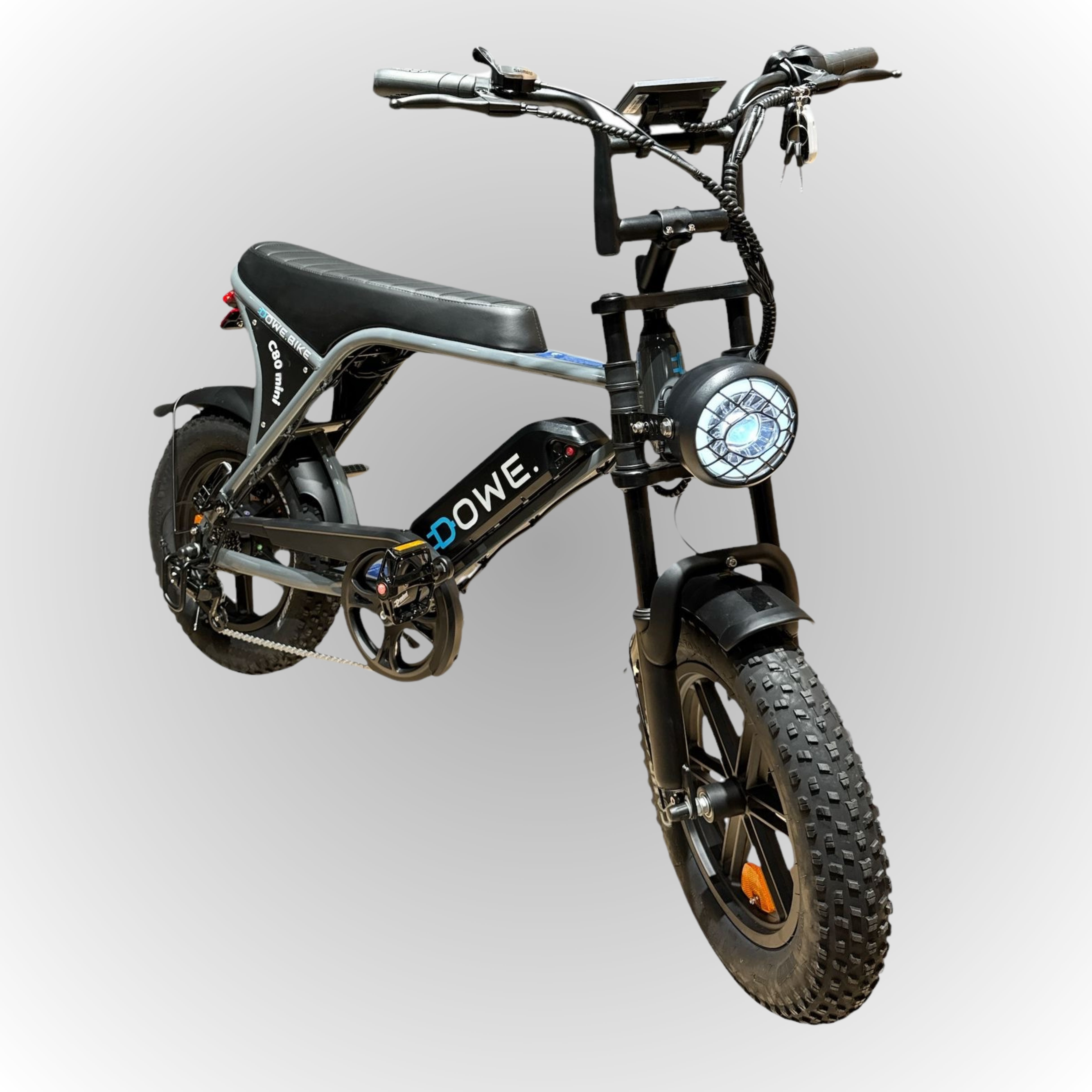 Dowe C80 Mini Elektrische Fatbike in grijs met 250W motor, mechanische remmen en 16x4 inch brede banden 