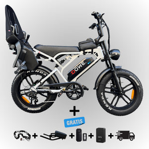 Fatbike V20 Pro 2025 met Kinderzitje achter – Nardo-Grijs, zwarte family fatbike, 250W motor, 25 km/h, Dowe.bike