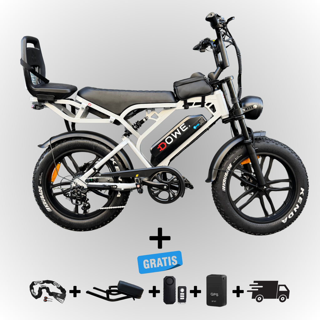 Fatbike V20 Pro 2025 met Kinderzitje Junior 6+ – Nardo-Grijs, zwarte family fatbike, 250W motor, 25 km/h, Dowe.bike