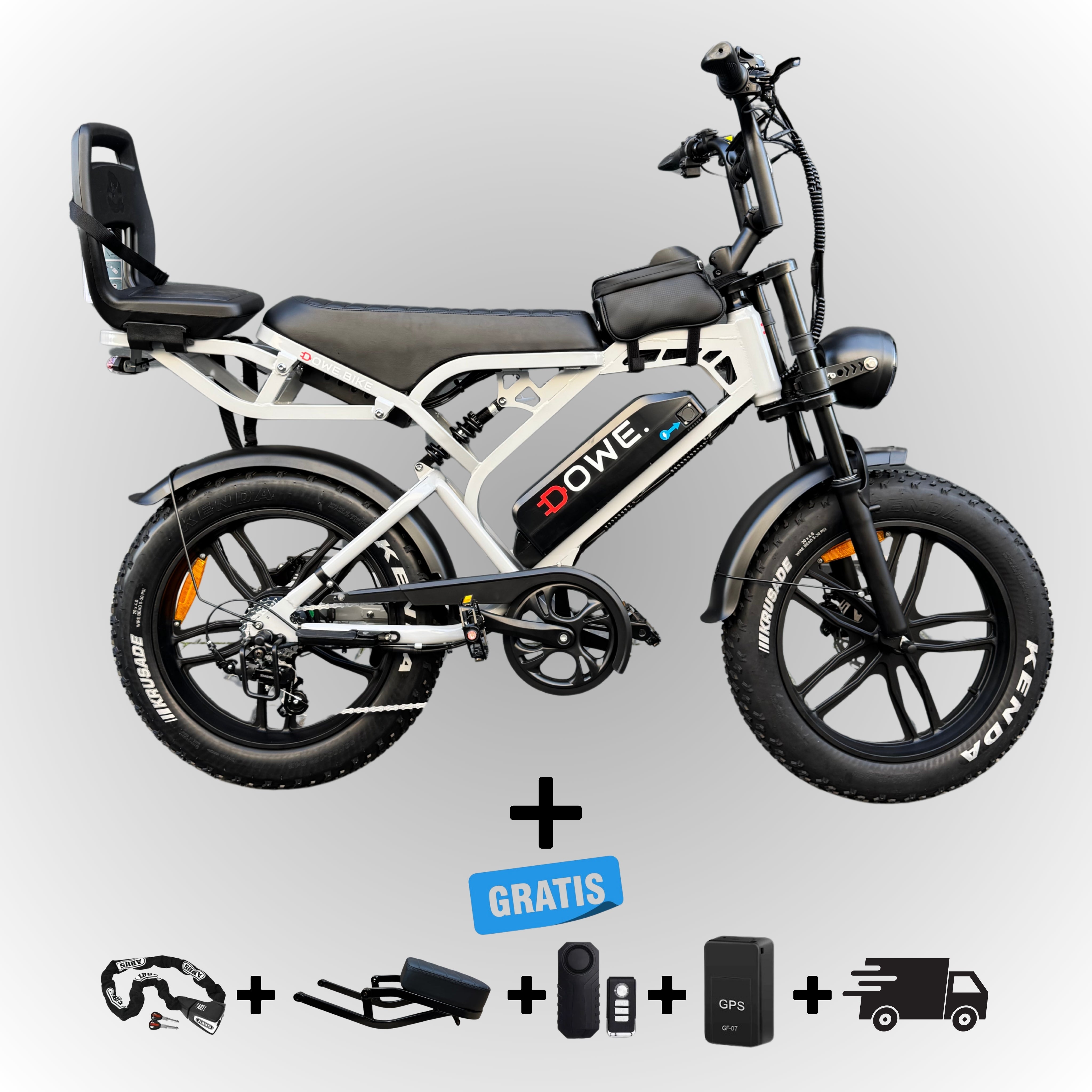 Fatbike V20 Pro 2025 met Kinderzitje Junior 6+ – Nardo-Grijs, zwarte family fatbike, 250W motor, 25 km/h, Dowe.bike