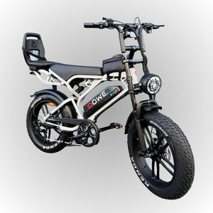 Fatbike V20 Pro 2025 met Kinderzitje Junior 6+ – Nardo-Grijs, zwarte family fatbike, 250W motor, 25 km/h, Dowe.bike