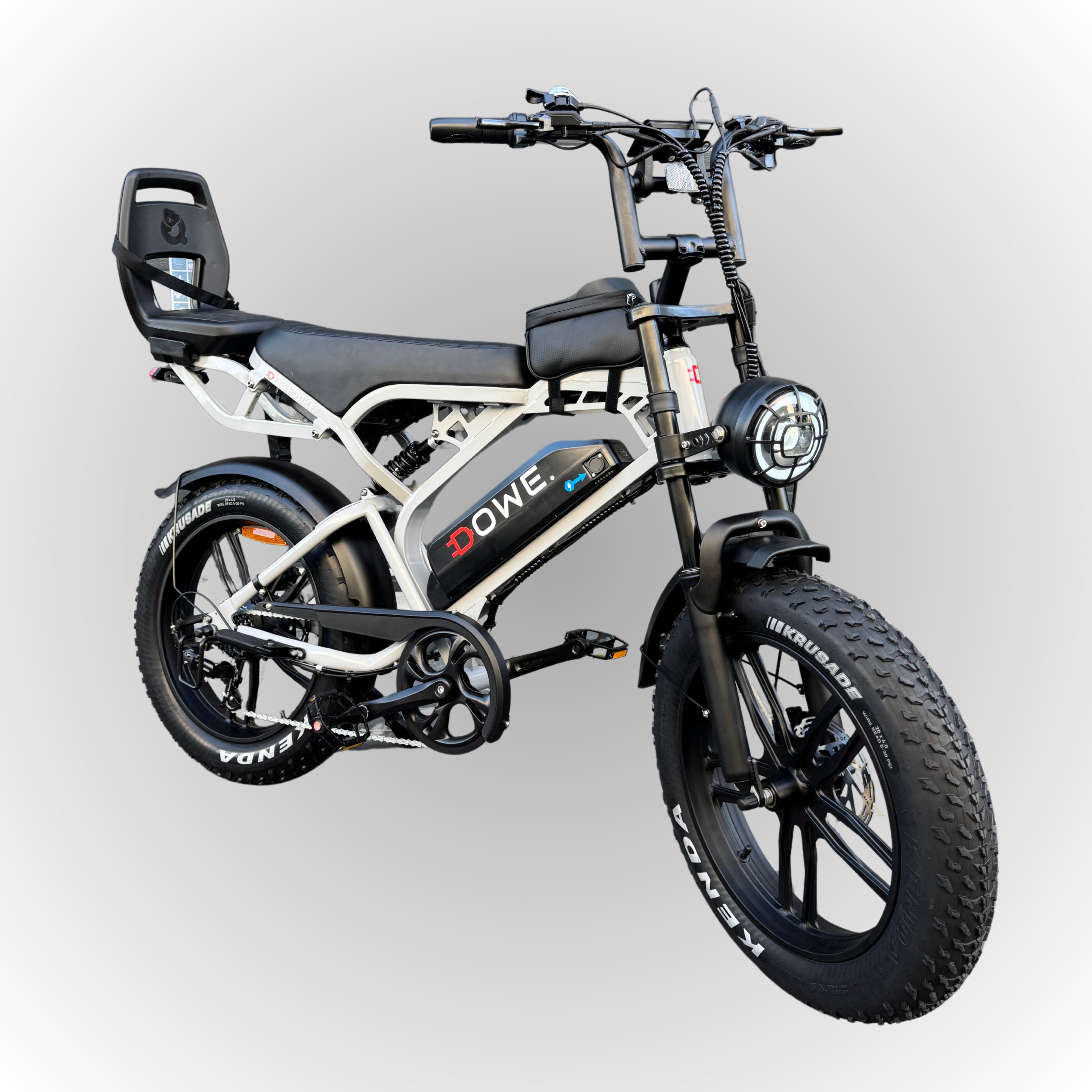 Fatbike V20 Pro 2025 met Kinderzitje Junior 6+ – Nardo-Grijs, zwarte family fatbike, 250W motor, 25 km/h, Dowe.bike