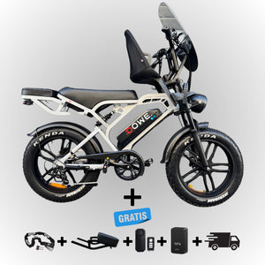 Fatbike V20 Pro 2025 met Kinderzitje – Nardo-Grijs, zwarte family fatbike, 250W motor, 25 km/h, Dowe.bike