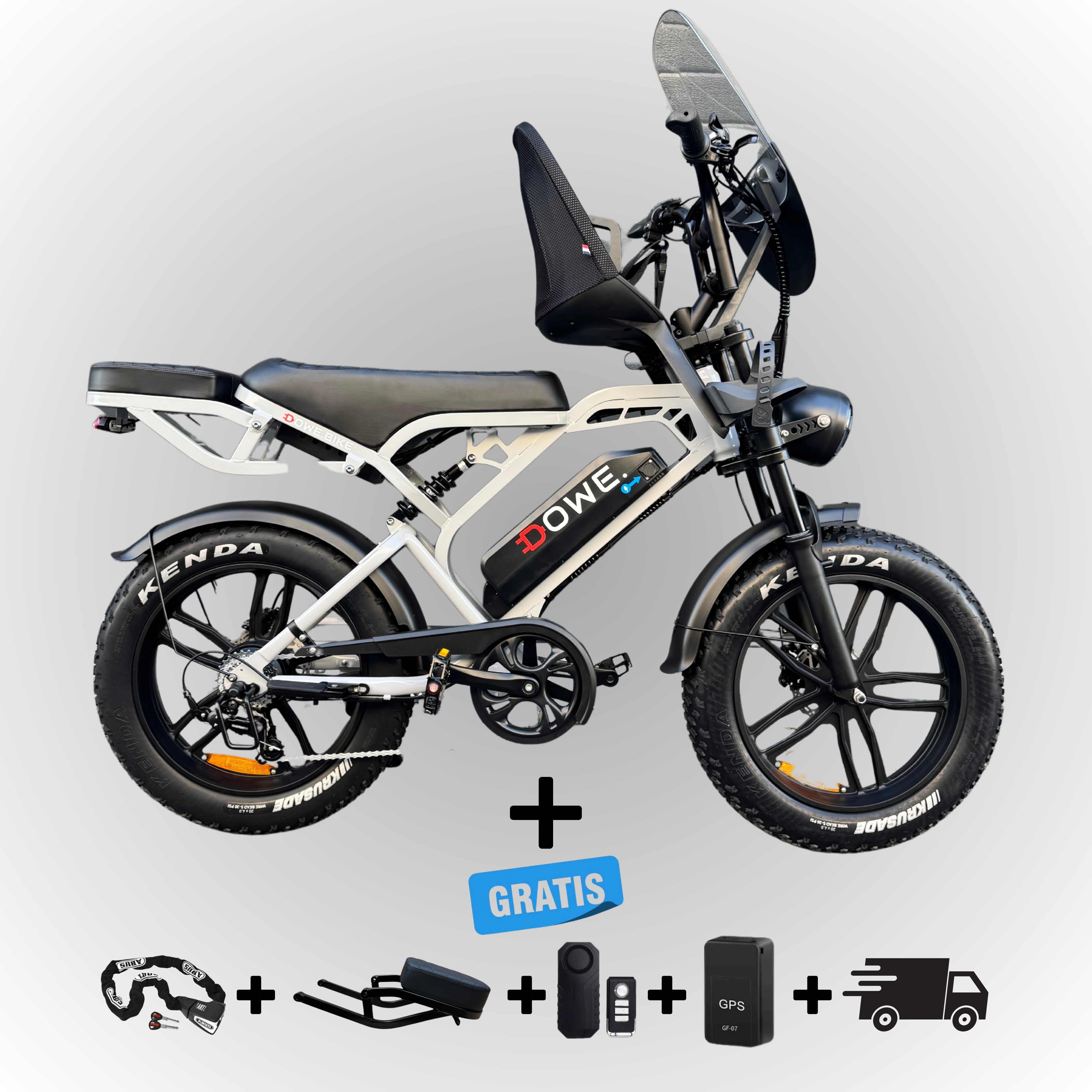 Fatbike V20 Pro 2025 met Kinderzitje – Nardo-Grijs, zwarte family fatbike, 250W motor, 25 km/h, Dowe.bike