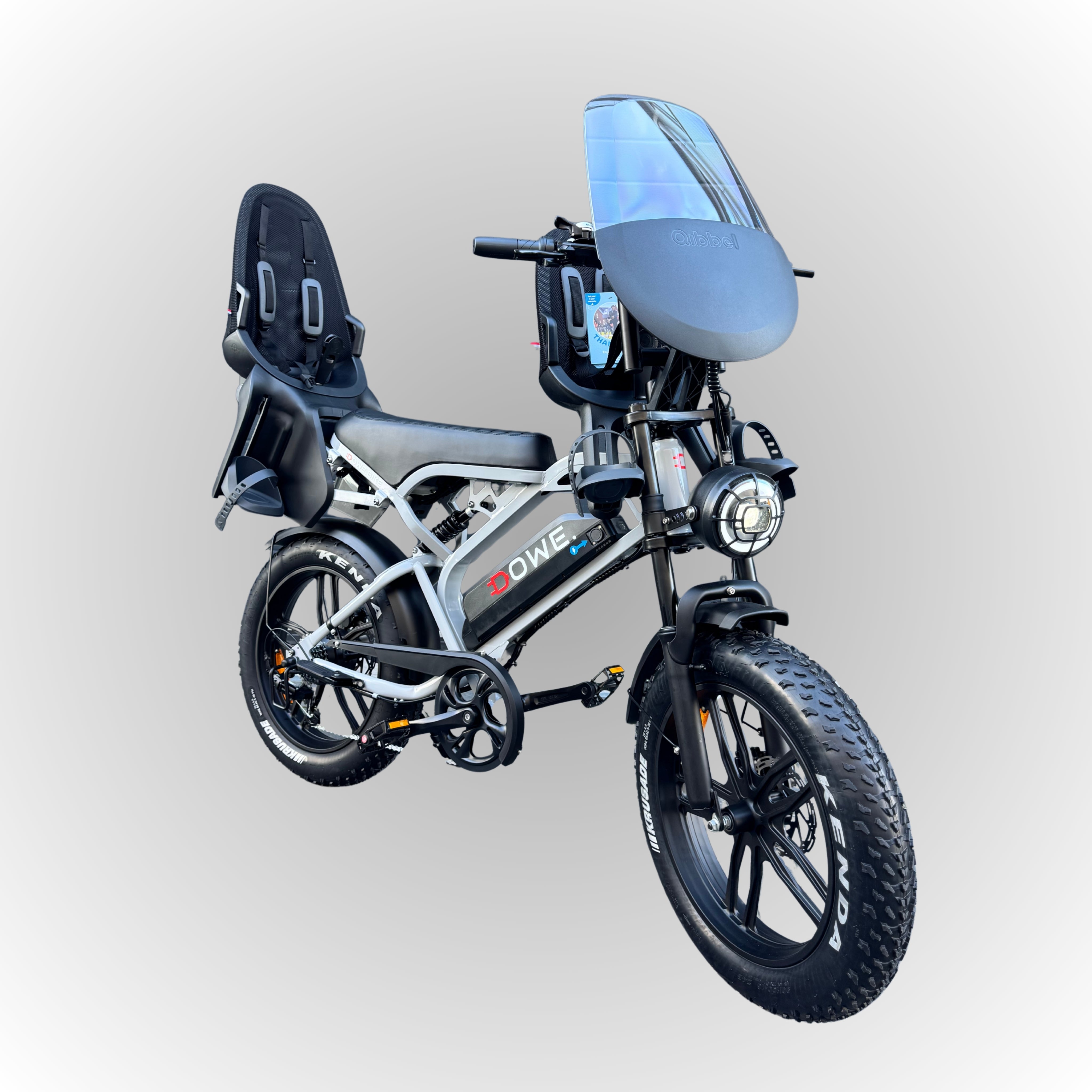 Fatbike V20 Pro 2025 met Kinderzitjes – Nardo-Grijs, zwarte family fatbike, 250W motor, 25 km/h, Dowe.bike