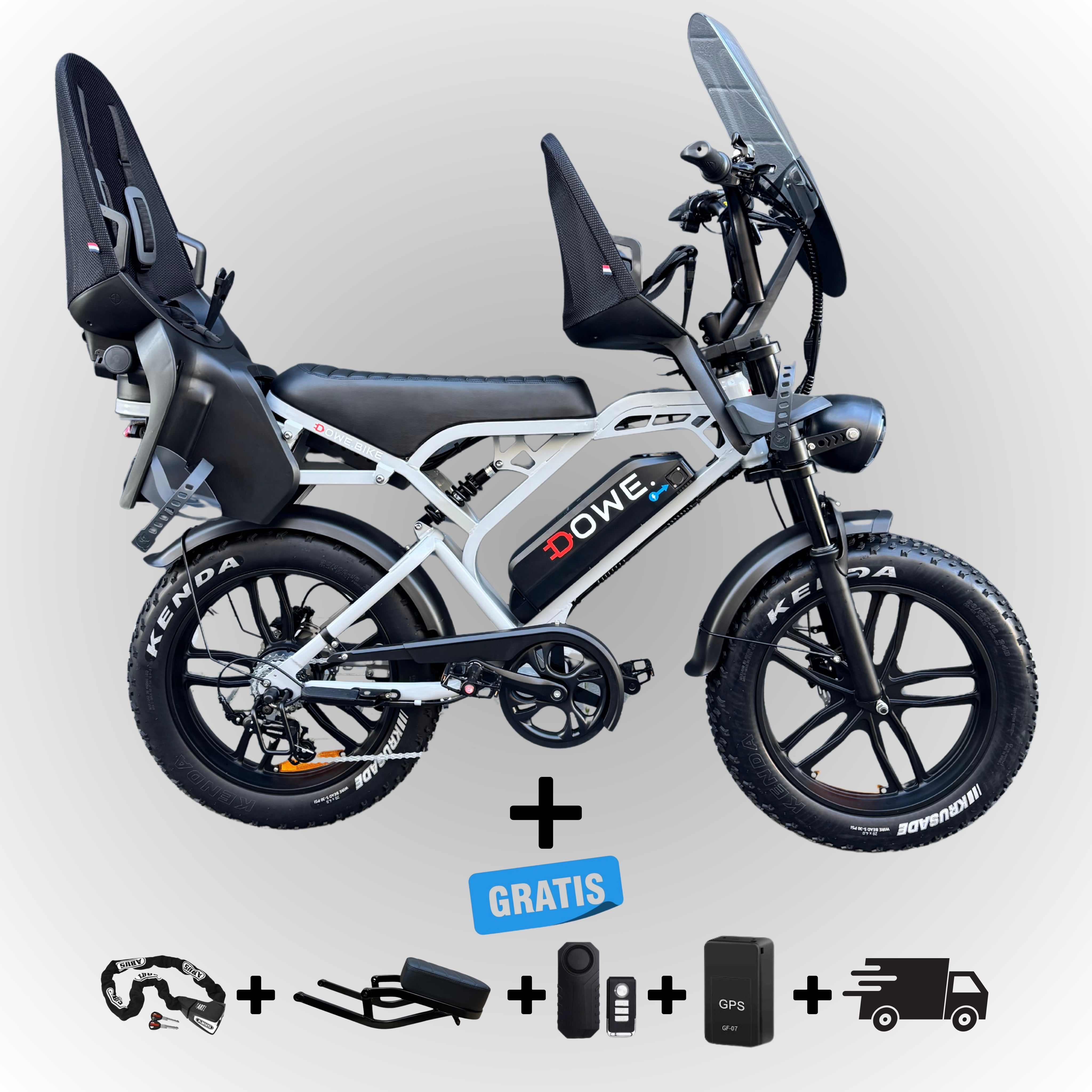 Fatbike V20 Pro 2025 met Kinderzitjes – Nardo-Grijs, zwarte family fatbike, 250W motor, 25 km/h, Dowe.bike