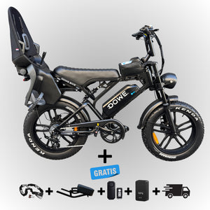 Fatbike V20 Pro 2025 met achterzitje – zwarte family fatbike 250W motor, 25 km/h, Dowe.bike