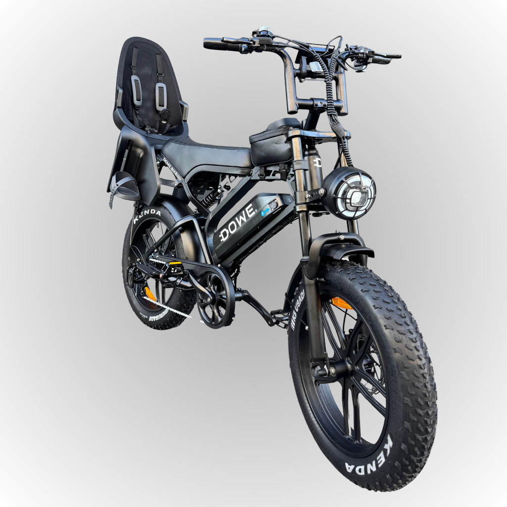 Fatbike V20 Pro 2025 met achterzitje – zwarte family fatbike 250W motor, 25 km/h, Dowe.bike