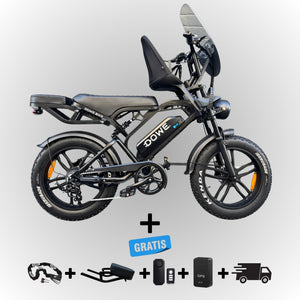 Fatbike V20 Pro 2025 met kinderzitje – elektrische family fatbike 250W legaal, matzwart, Dowe.bike