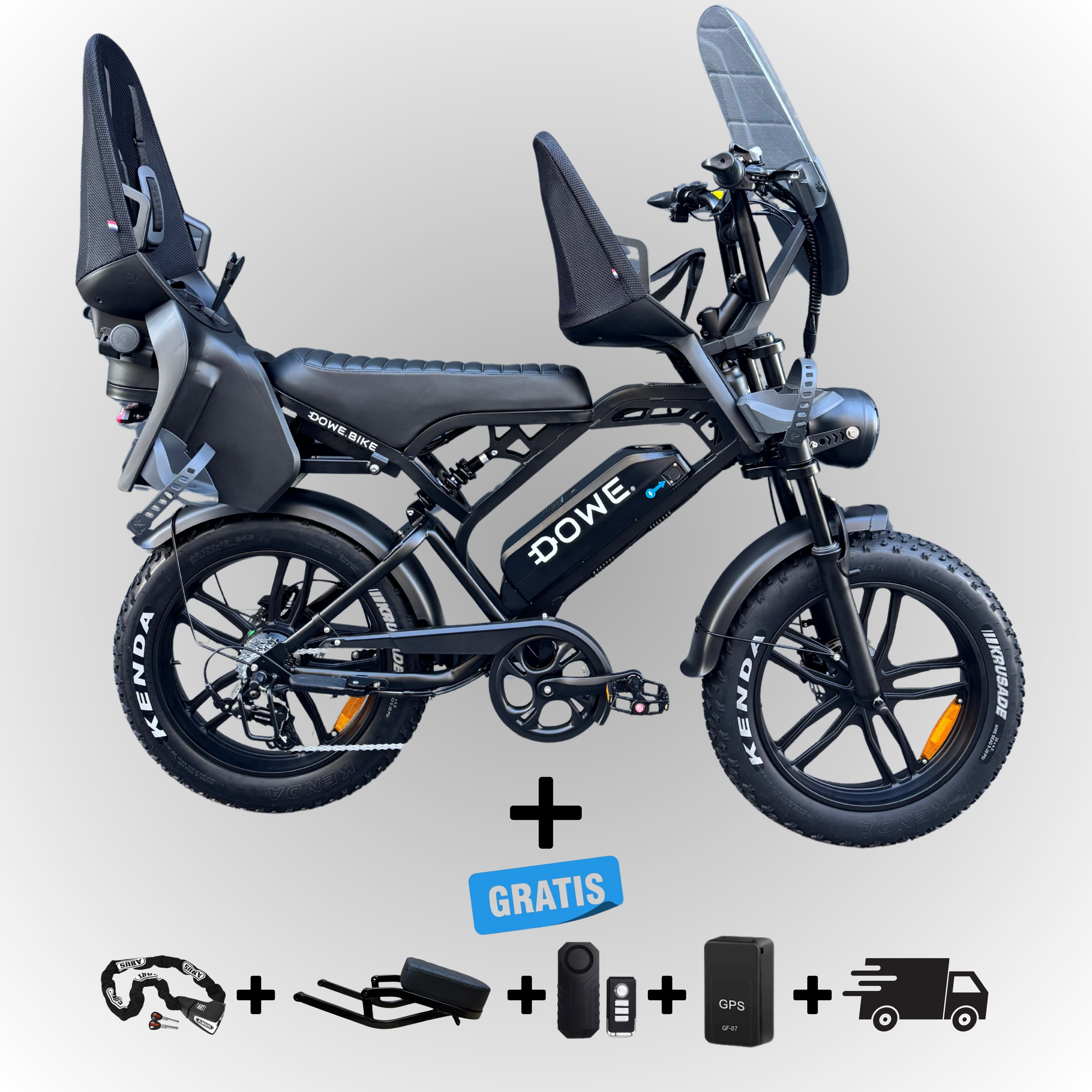 Fatbike V20 Pro 2025 met Kinderzitjes – zwarte family fatbike 250W motor, 25 km/h, voorzitje 0-3 jaar, achterzitje 3-6 jaar, Dowe.bike