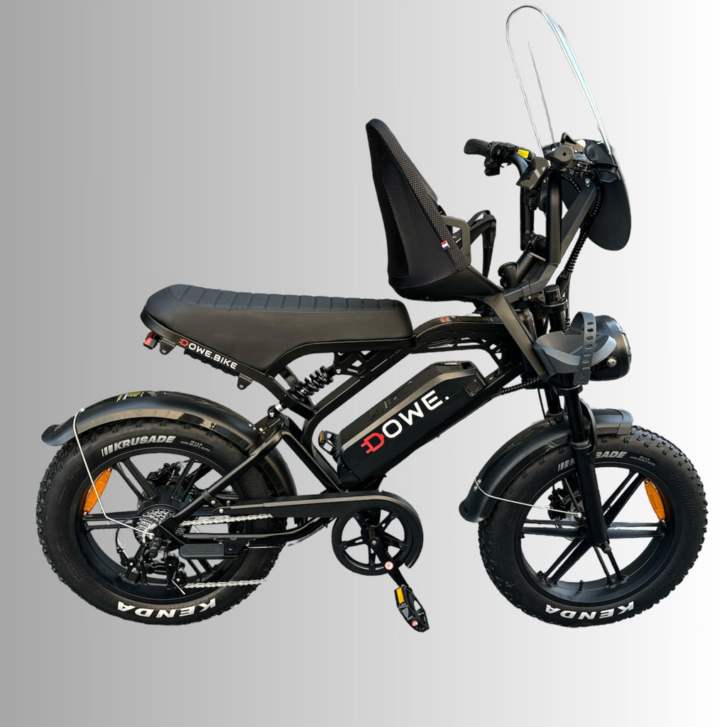 Fatbike V20 Pro 2025 met kinderzitje – elektrische family fatbike 250W legaal, matzwart, Dowe.bike