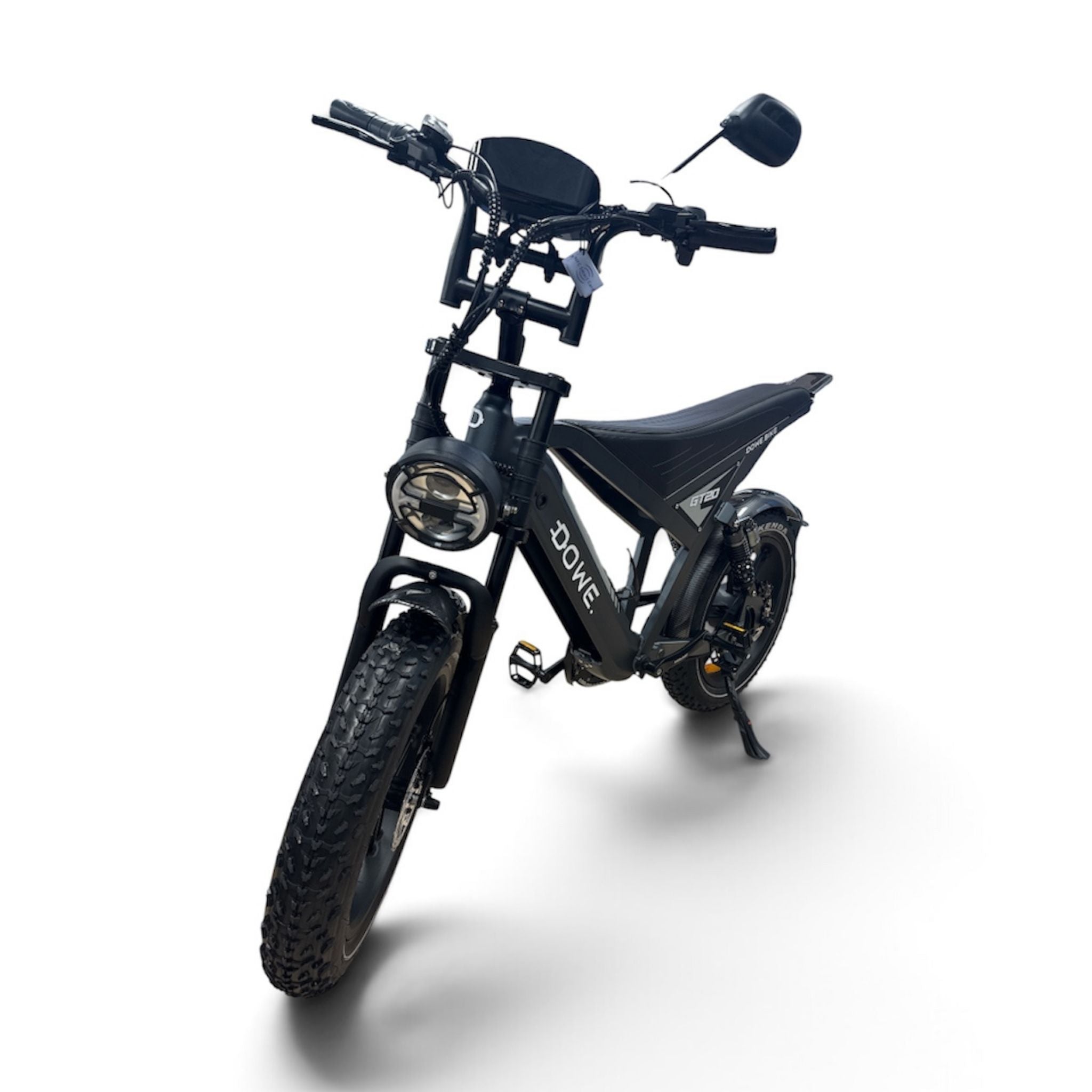 DOWE GT20 elektrische fatbike zwart vooraanzicht – crossmotor design, 15Ah accu, 60km actieradius, Dowe Bike