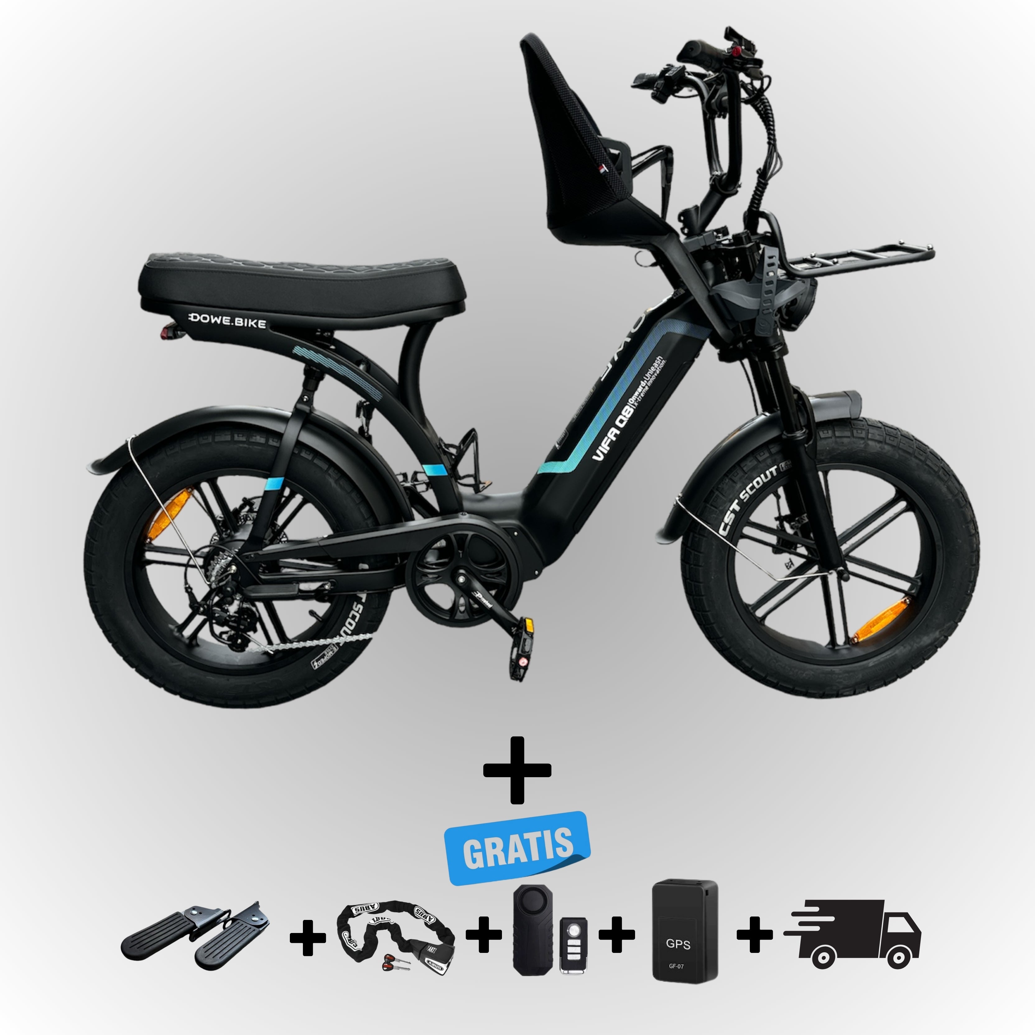 Ouxi Q8 Elektrische Fatbike met Kinderzitje - Zwart - Lage Instap Dames Fatbike