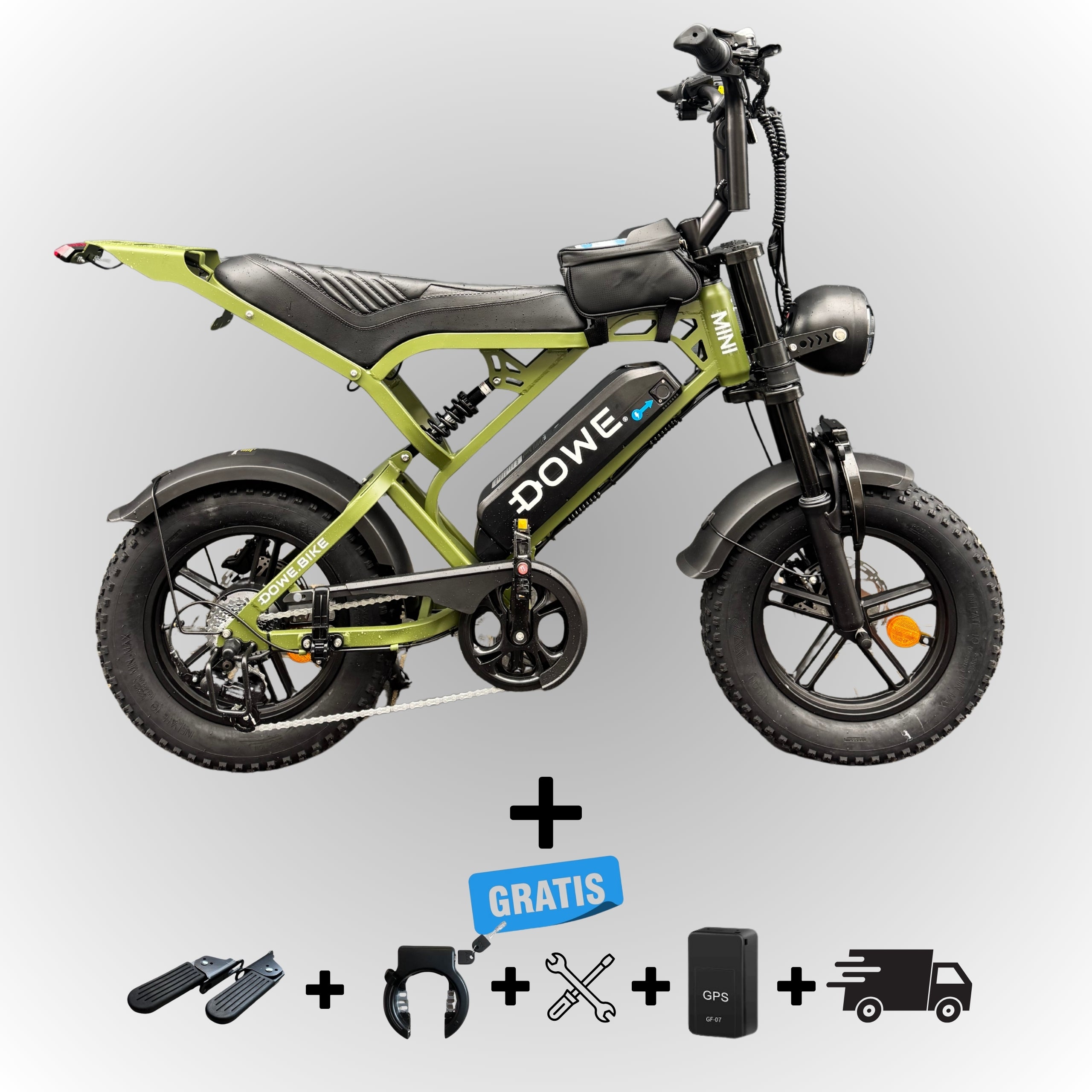 Dowe V20 Pro Mini fatbike in Army Green – compacte elektrische fatbike 250W met hydraulische remmen – 25 km/h