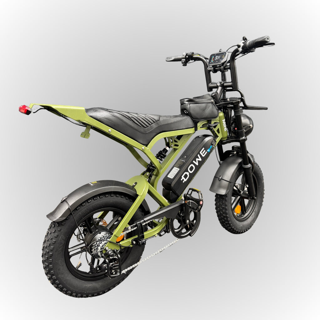 Dowe V20 Pro Mini Fatbike + Rekje – Army Green – Compacte Elektrische Fatbike 250W – Hydraulische Remmen – 25 km/h 