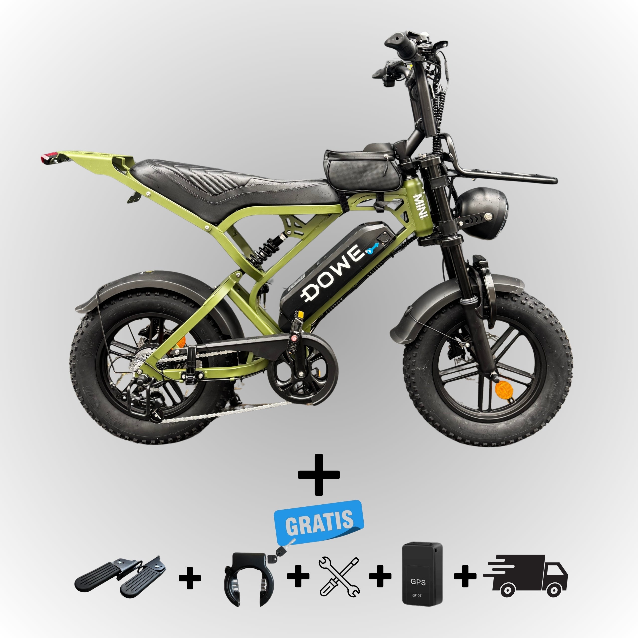Dowe V20 Pro Mini Fatbike + Rekje – Army Green – Compacte Elektrische Fatbike 250W – Hydraulische Remmen – 25 km/h 