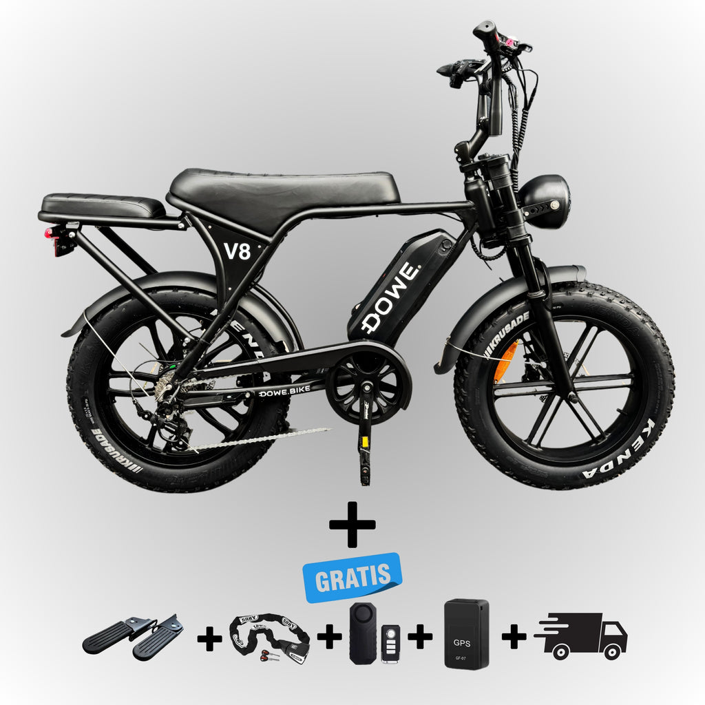 Dowe V8 fatbike, elektrische fatbike zwart, Dowe V8 e-bike 250W, fatbike 25 km/h legaal, niet opvoerbare fatbike, elektrische fatbike hydraulische remmen, Dowe bike fatbike onderdelen, fatbike 20x4 banden, robuuste e-fatbike zwart