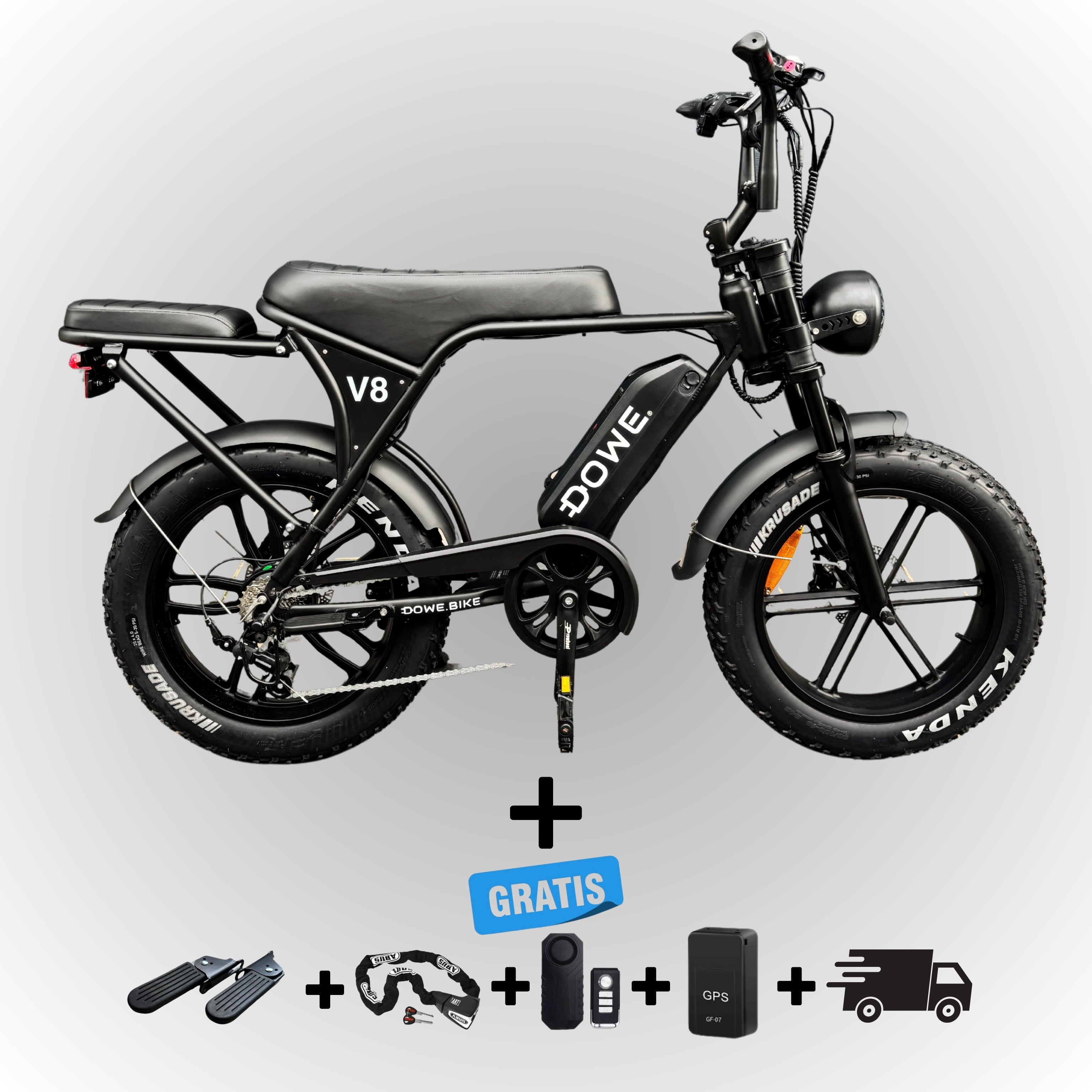 Dowe V8 fatbike, elektrische fatbike zwart, Dowe V8 e-bike 250W, fatbike 25 km/h legaal, niet opvoerbare fatbike, elektrische fatbike hydraulische remmen, Dowe bike fatbike onderdelen, fatbike 20x4 banden, robuuste e-fatbike zwart