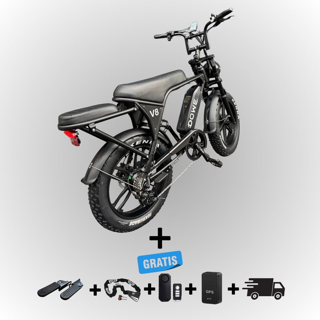 Dowe V8 fatbike, elektrische fatbike zwart, Dowe V8 e-bike 250W, fatbike 25 km/h legaal, niet opvoerbare fatbike, elektrische fatbike hydraulische remmen, Dowe bike fatbike onderdelen, fatbike 20x4 banden, robuuste e-fatbike zwart