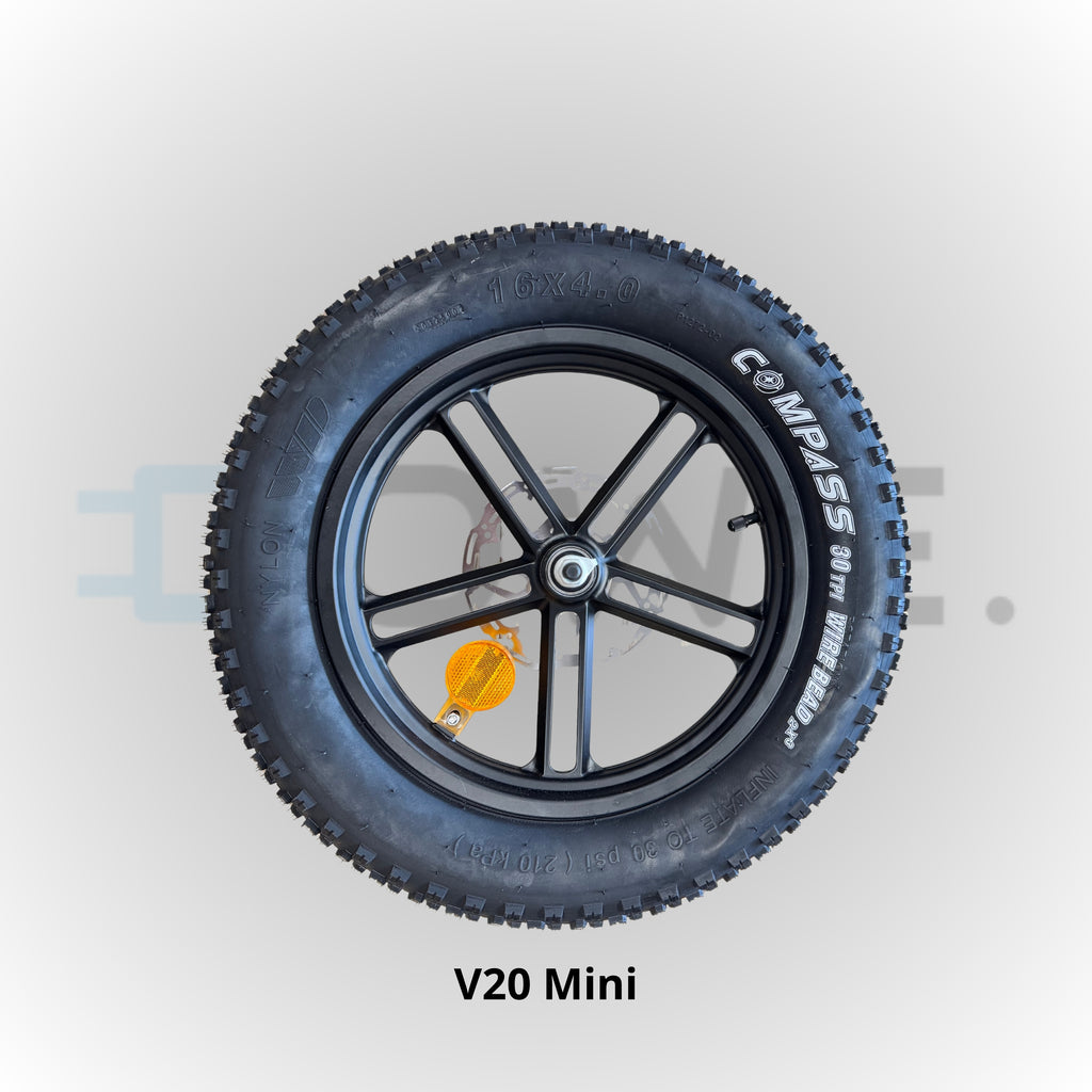 Complete voorvelgset 16x4.0 voor QMWheel V20 Mini fatbike – met band, binnenband en remschijf