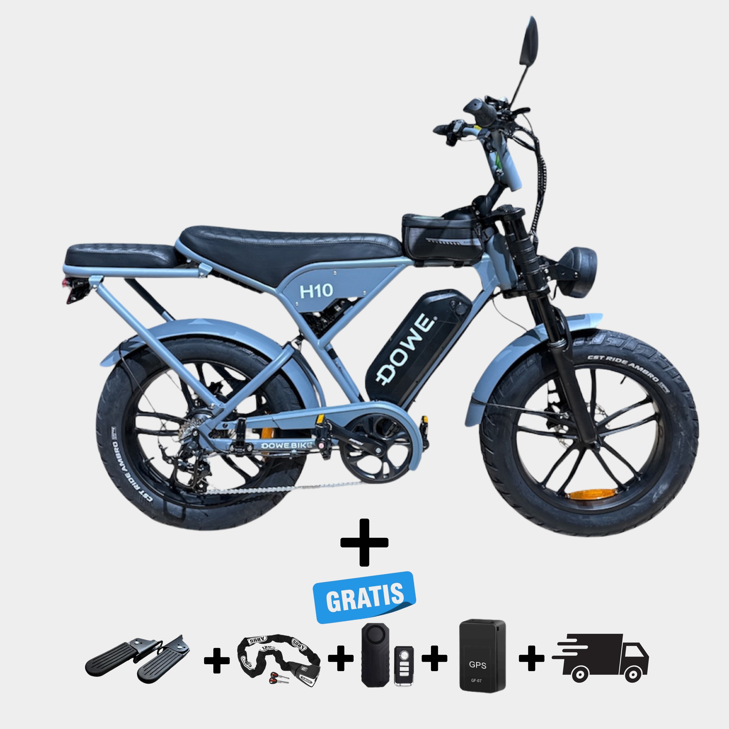 Dowe H10 Elektrische Fatbike – Grijs | NFC | 17,5Ah Accu & Gratis Accessoires