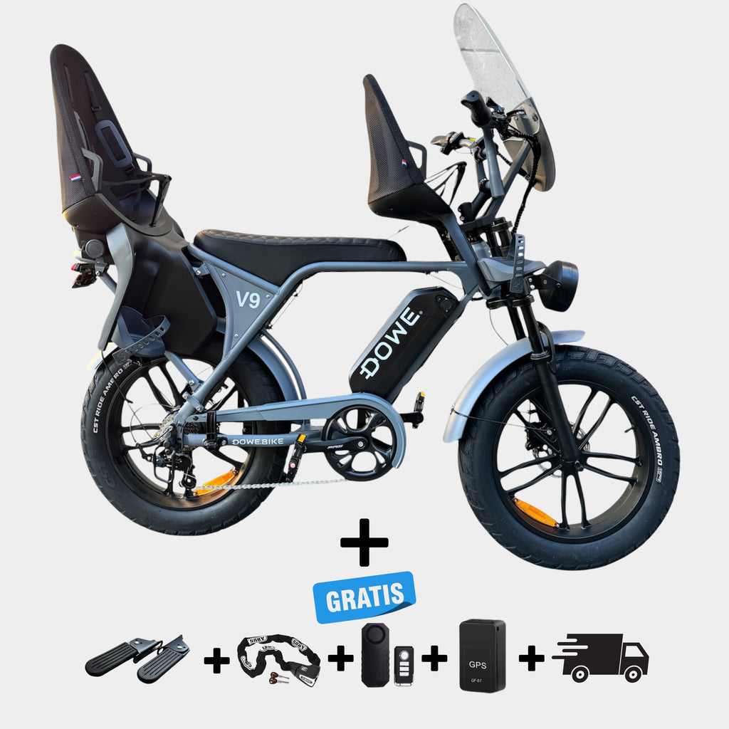 Dowe V9 Elektrische Fatbike met Kinderzitjes - Grijs | Family Fatbike
