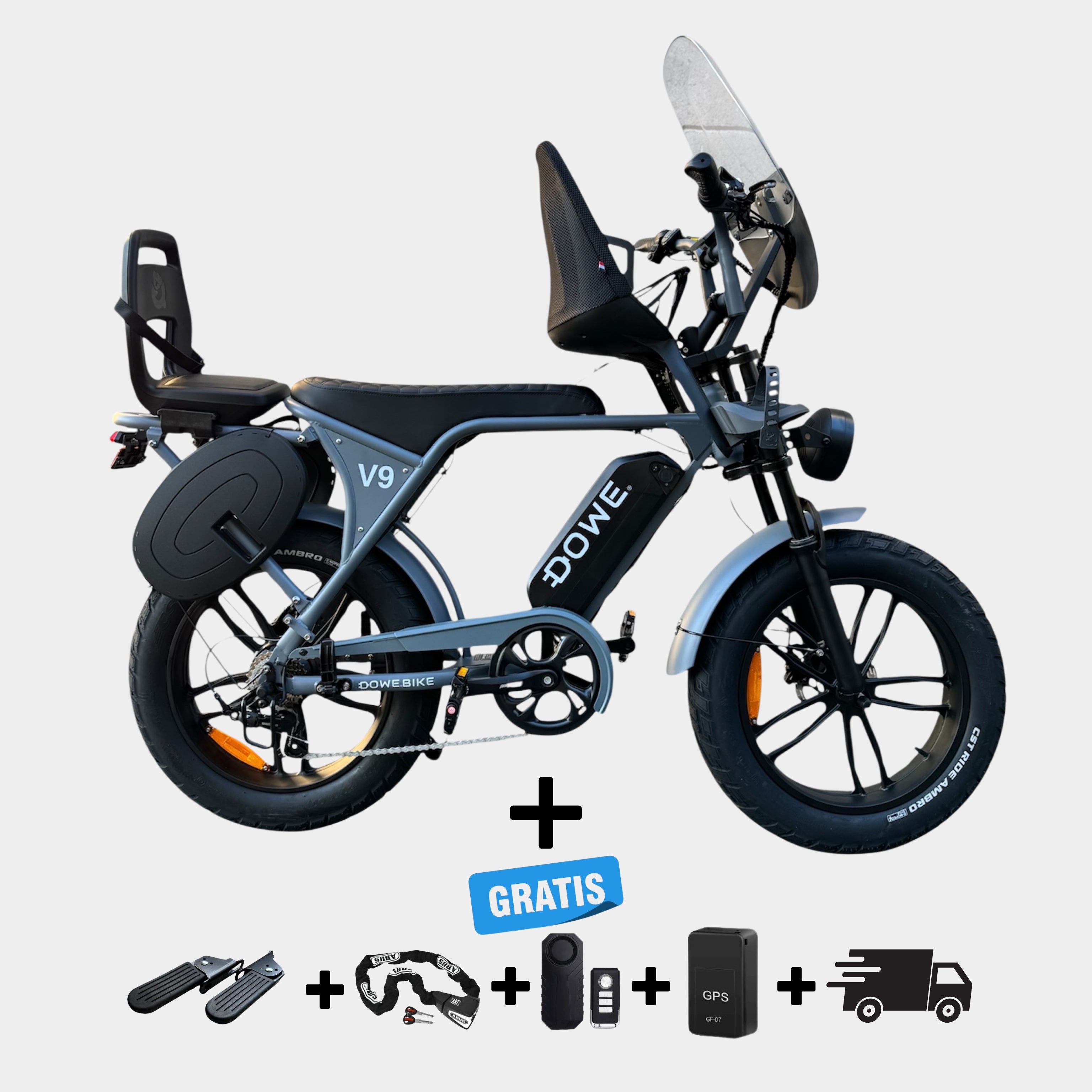 Dowe V9 Elektrische Fatbike met Kinderzitjes - Grijs