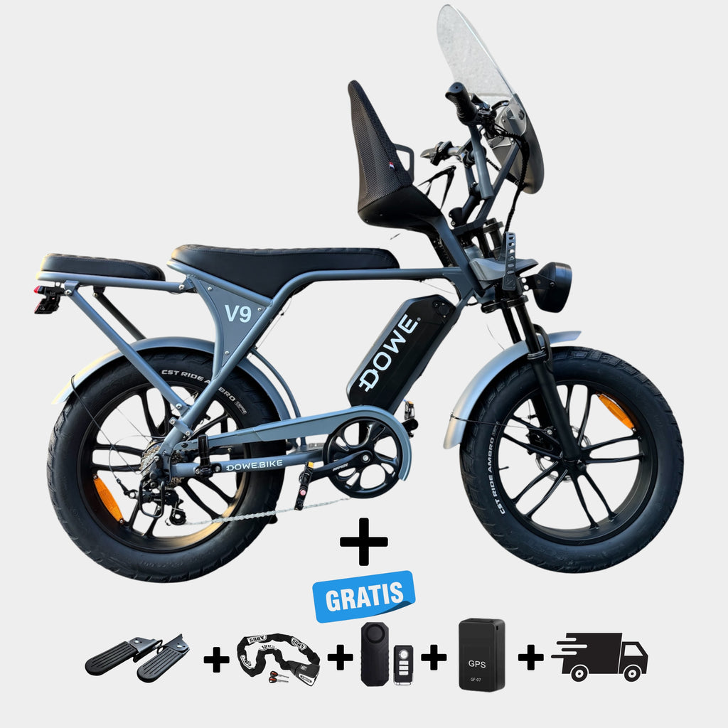 Dowe V9 Elektrische Fatbike met Kinderzitje Voor - Grijs