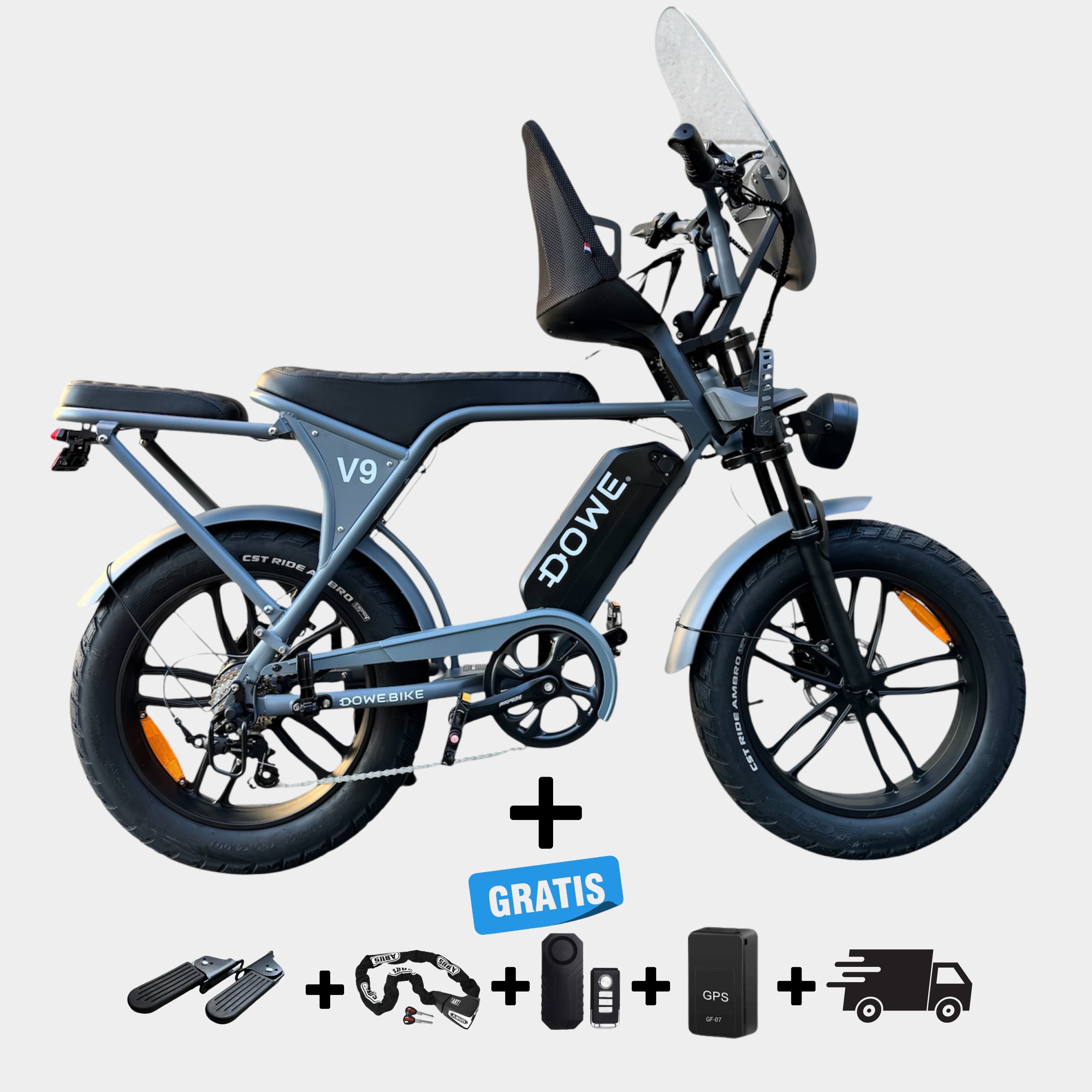 Dowe V9 Elektrische Fatbike met Kinderzitje Voor - Grijs