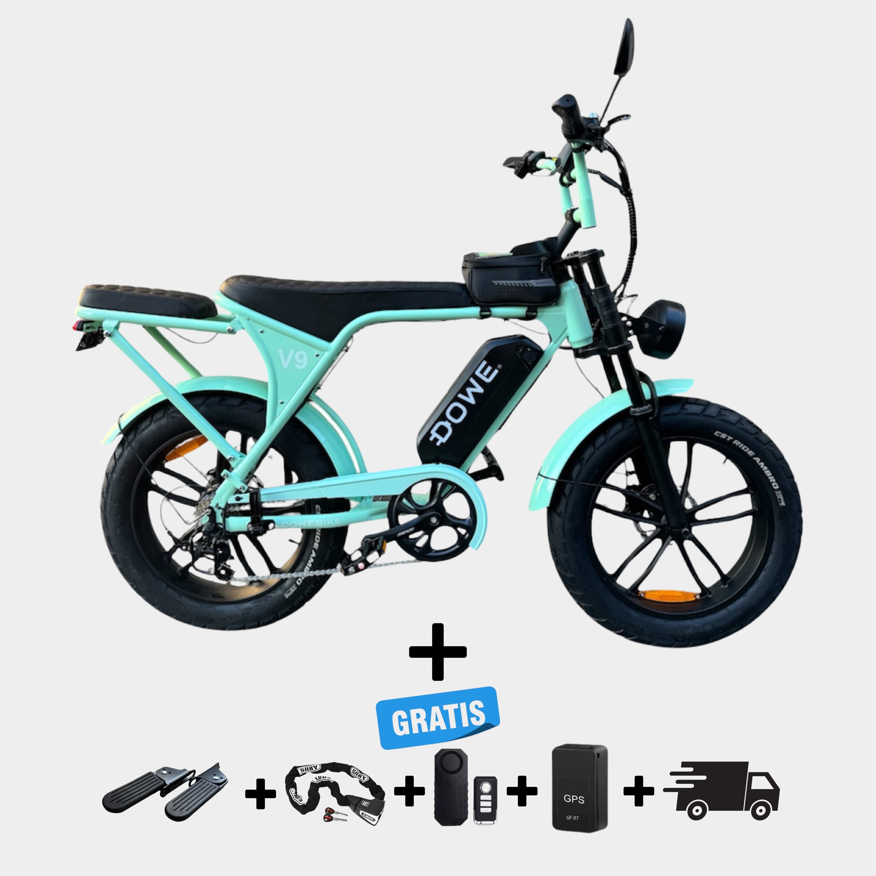 Dowe V9 Elektrische Fatbike – Mint Groen | NFC | 17,5Ah Accu & Gratis Accessoires