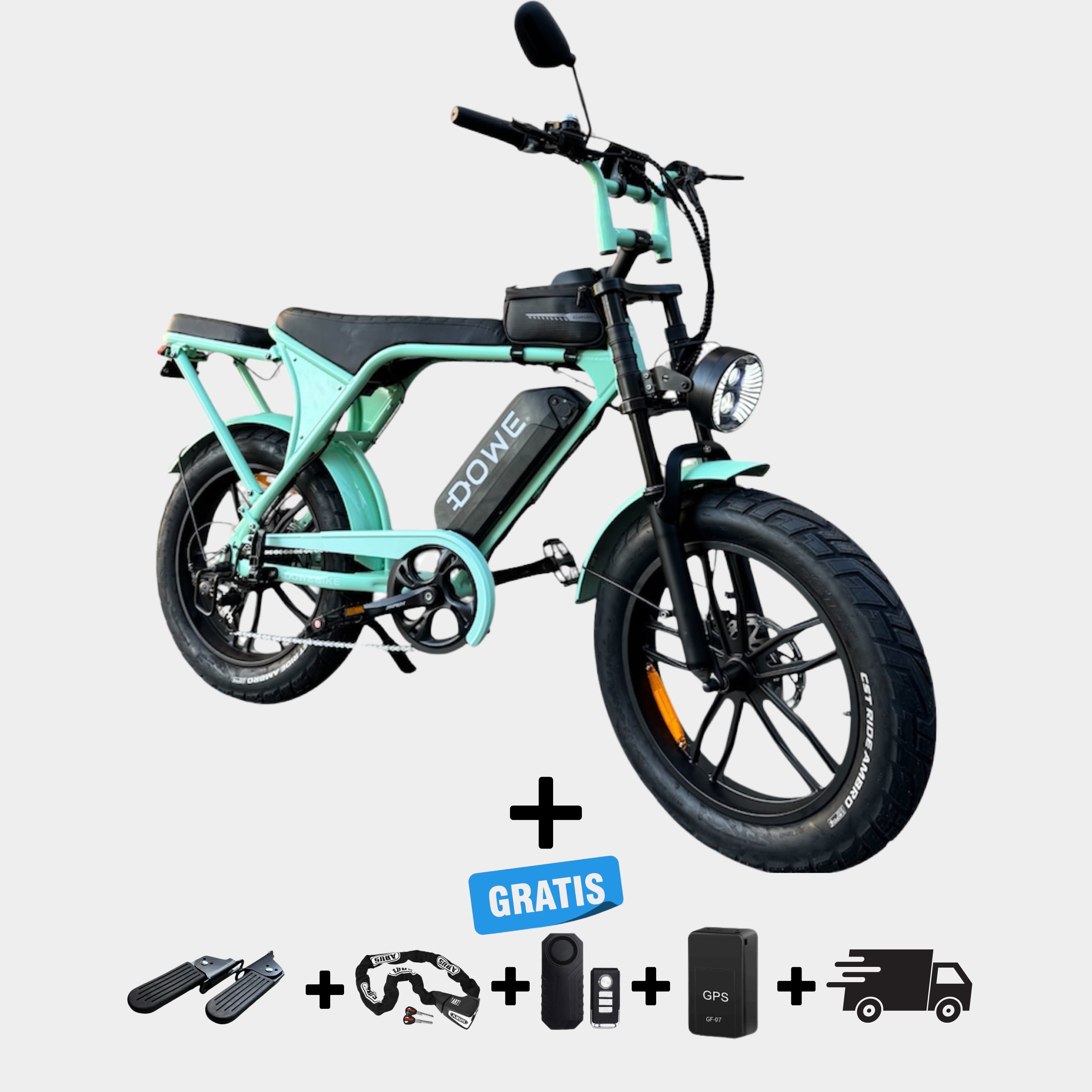 Dowe V9 Elektrische Fatbike – Mint Groen | NFC | 17,5Ah Accu & Gratis Accessoires