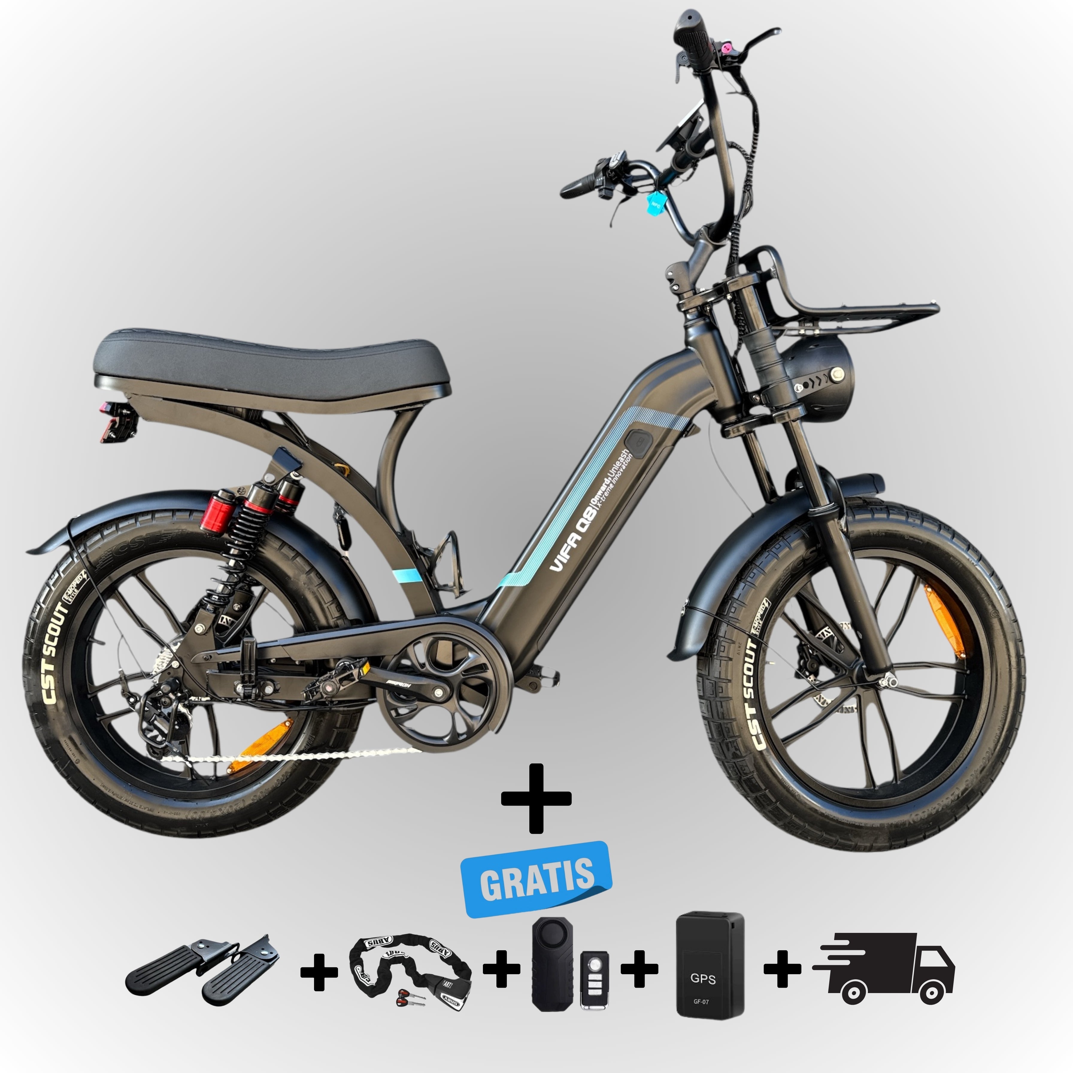 Zwarte Ouxi Q8 elektrische fatbike met lage instap en accessoires – Dowe.bike